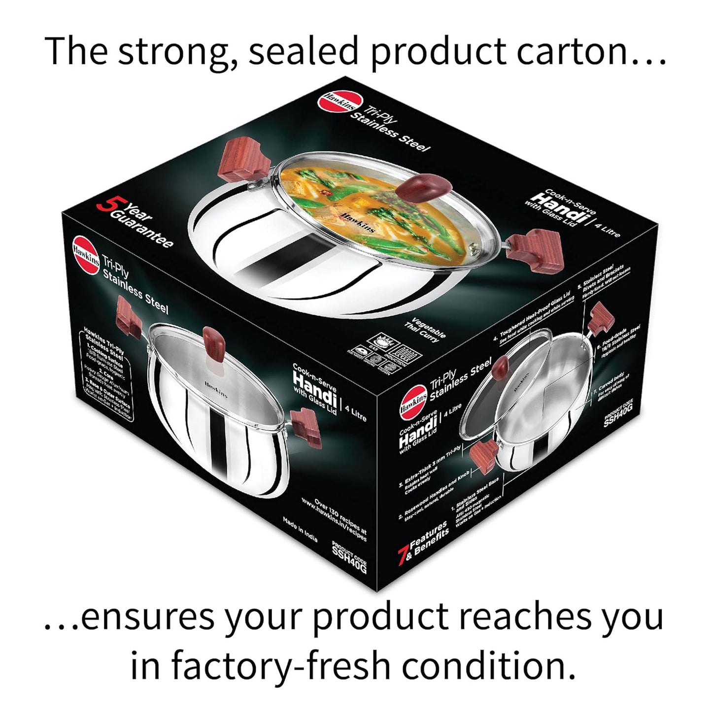 Hawkins 4 Litre Cook n Serve Handi, Triply Stainless Steel Handi with Glass Lid, Induction Sauce Pan, Biryani Handi, Saucepan, Silver (SSH40G)