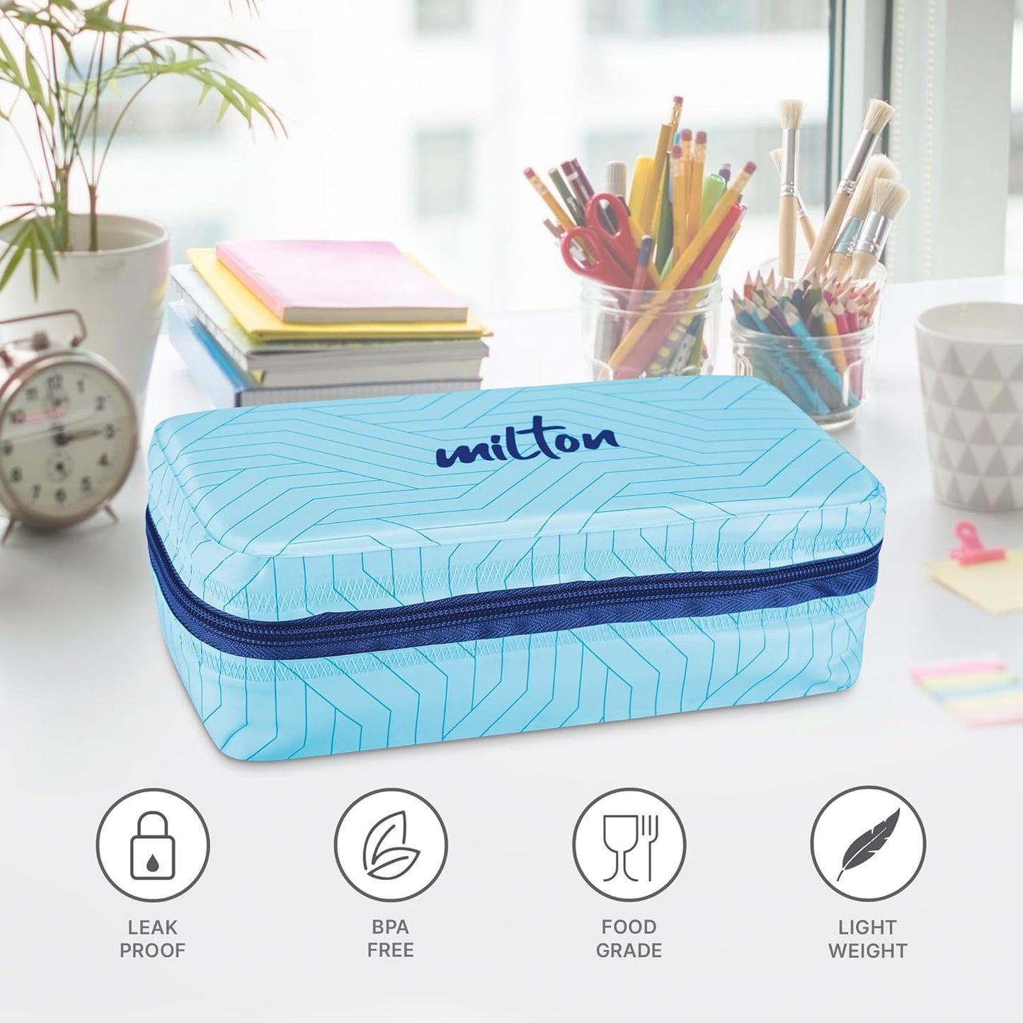 MILTON Mini Lunch Prime Tiffin with Unisex Bag, 2 Stainless Steel Containers 300 ml Each, with Plastic Cutleries, Leak-Proof Lunch Box for Office, School, College, Blue