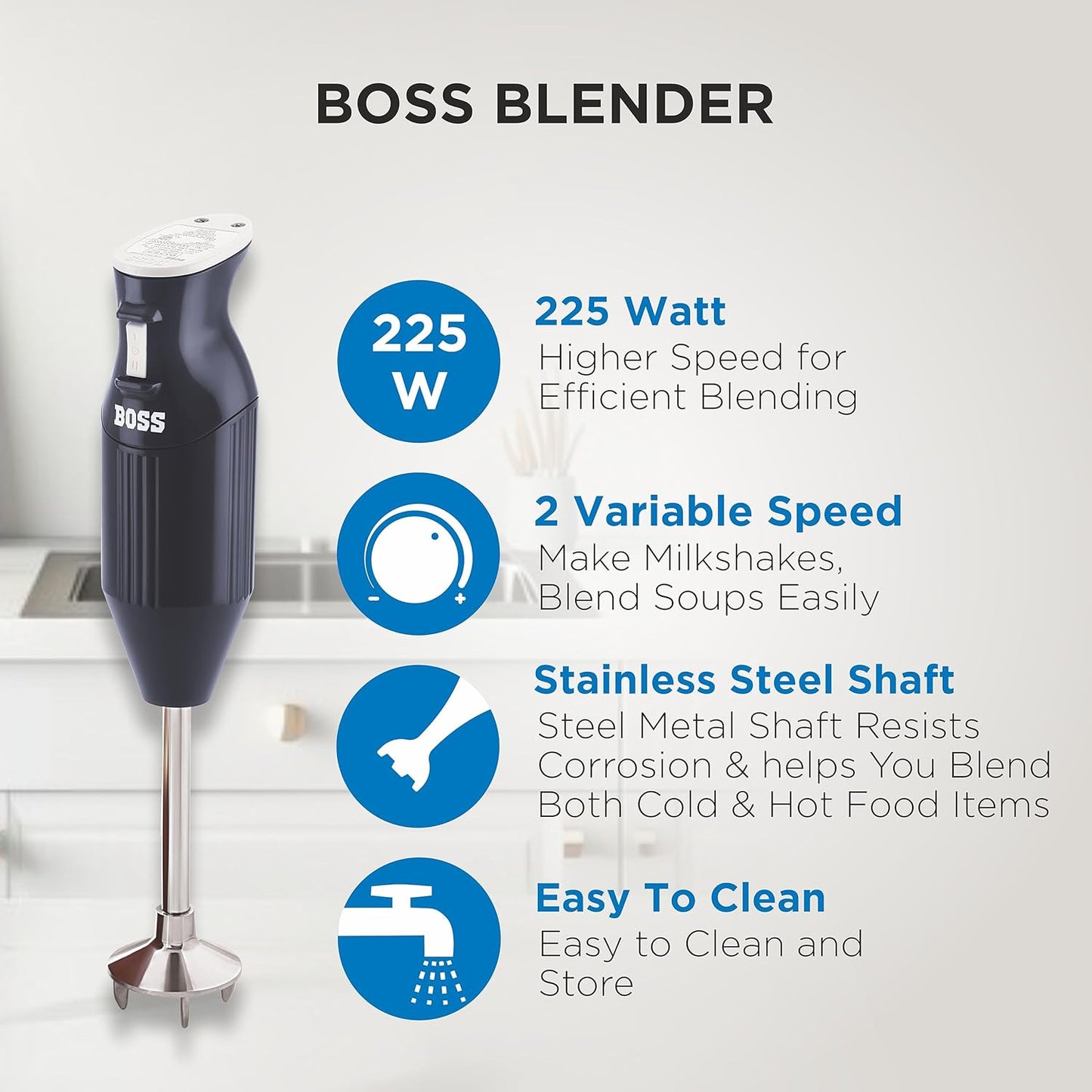 BOSS Stainless Steel B132 Portable Hand Blender 225W- Watt | Variable Speed Control | 3 Years Warranty | Easy To Clean And Store | Isi-Marked, Blue