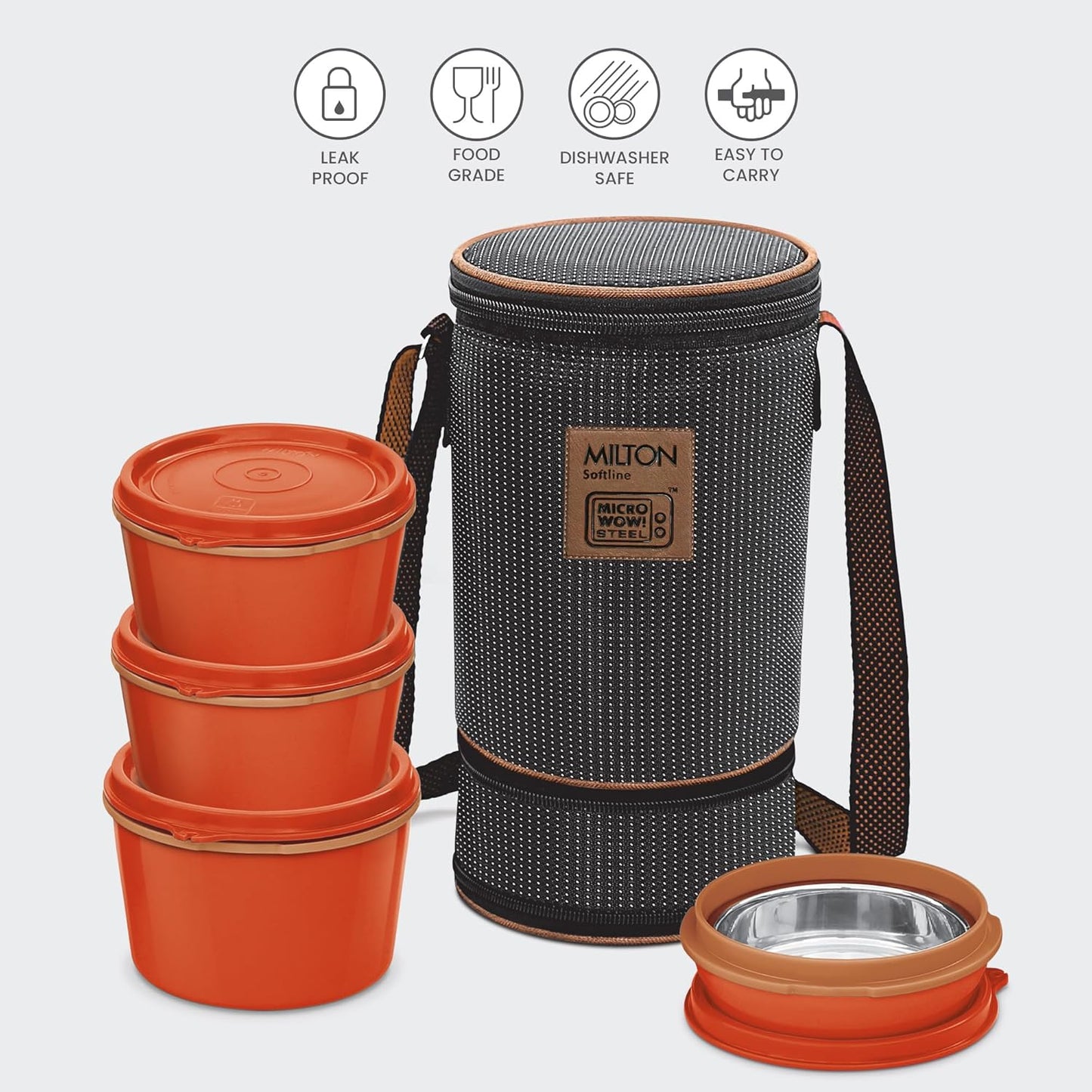 MILTON Flexi 3+1 Inner Stainless Steel Lunch Box with Jacket, Set of 4, (180 ml, 320 ml, 320 ml, 450 ml), Black | Microwaveable Steel | Leak Proof | Food Grade | Dishwasher Safe | Easy to Carry