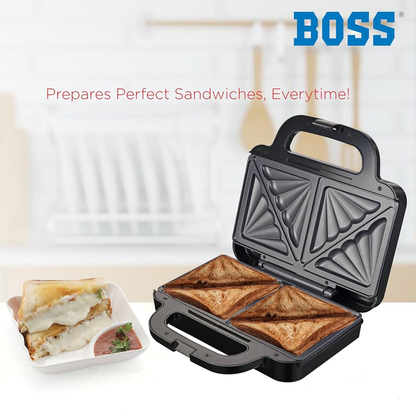 BOSS SuperSub Griller B545 | 1000-Watt Grill Deep Sandwich Maker | Non-Stick Coated Plates for Easy-to-Clean | Upright Compact Storage | Buckle Clips Lock | 2 Yr Warranty | Black