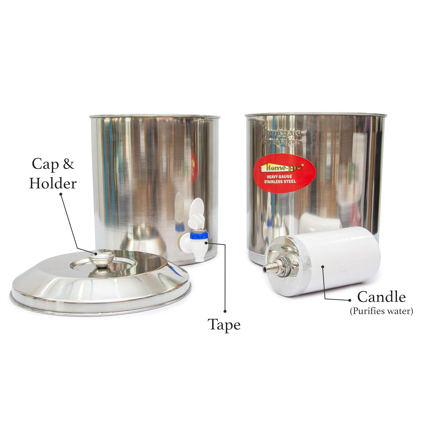 Home-Pro - Gravity Water Filter and Purifier | 27 Liters Total Capacity (14L Bottom & 13L Top) Made with Stainless Steel |Includes 3 Creamic Candle and Food Grade Plastic Tape