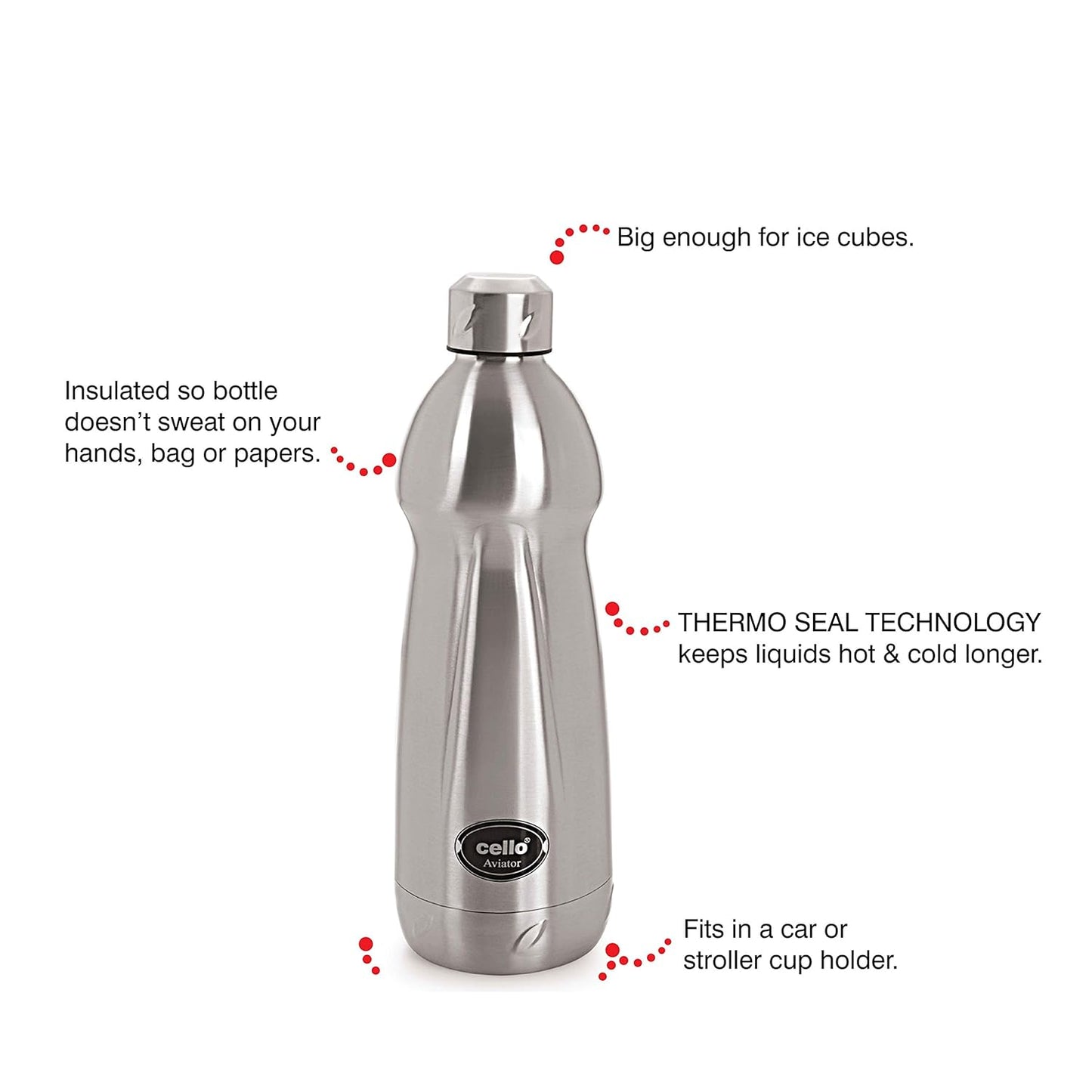 Cello Aviator Stainless Steel Flask Water Bottle, 500ml, Silver