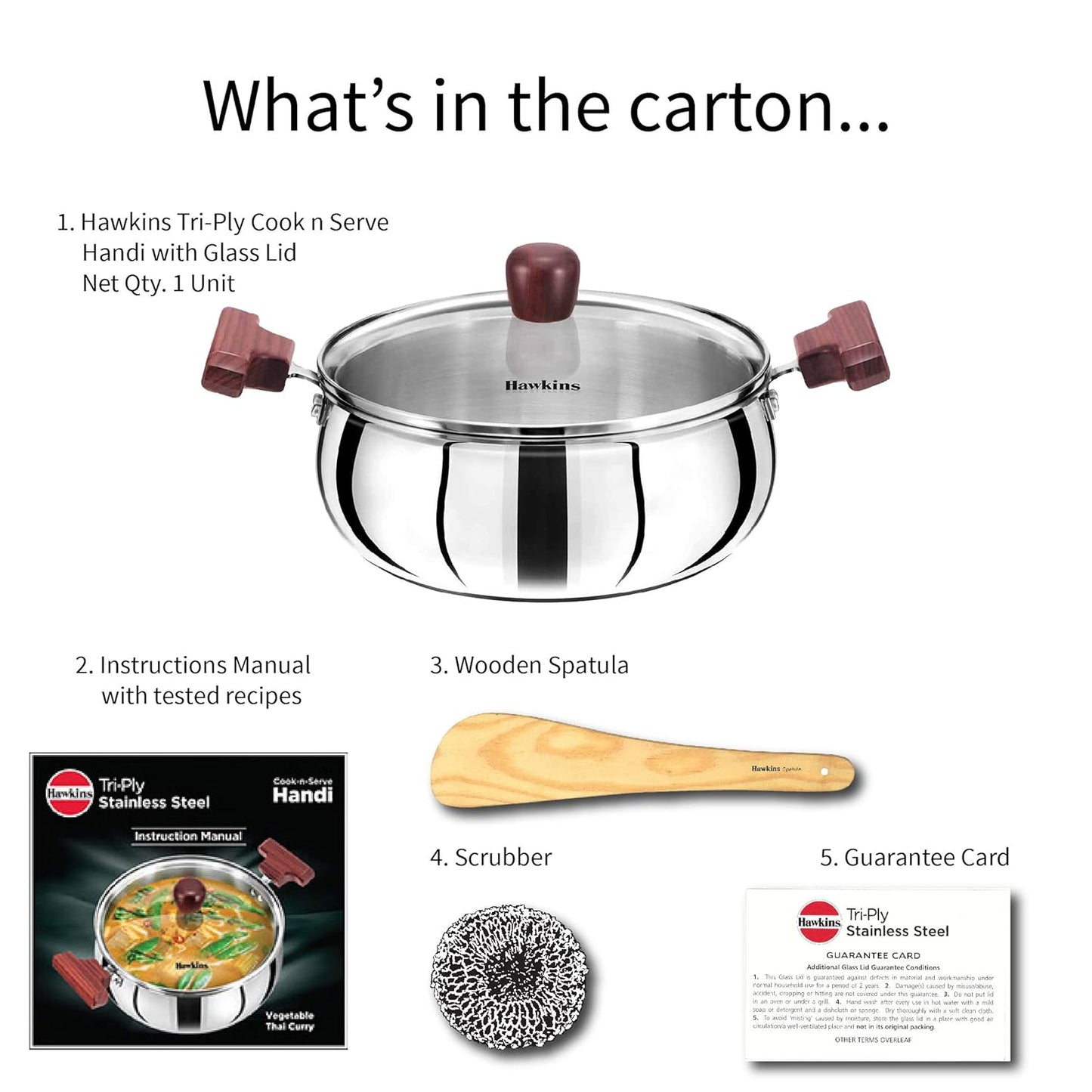 Hawkins 3 Litre Cook n Serve Handi, Triply Stainless Steel Handi with Glass Lid, Induction Sauce Pan, Biryani Handi, Saucepan, Silver (SSH30G)