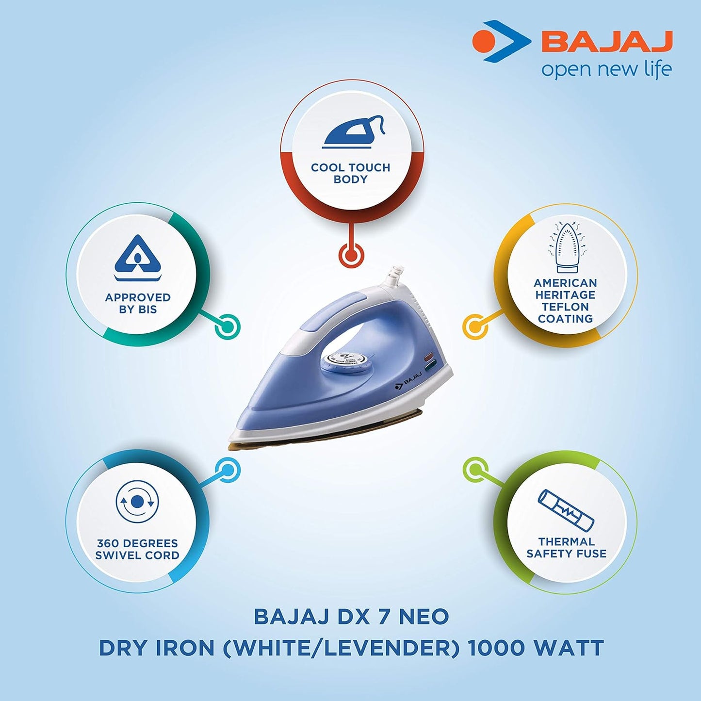 Bajaj DX 7 Neo 1000 Watts Dry Iron | Teflon Coating | Cool Touch Handle | Thermal Safety Fuse | 360 Degree Swivel Cord 【White & Levender】