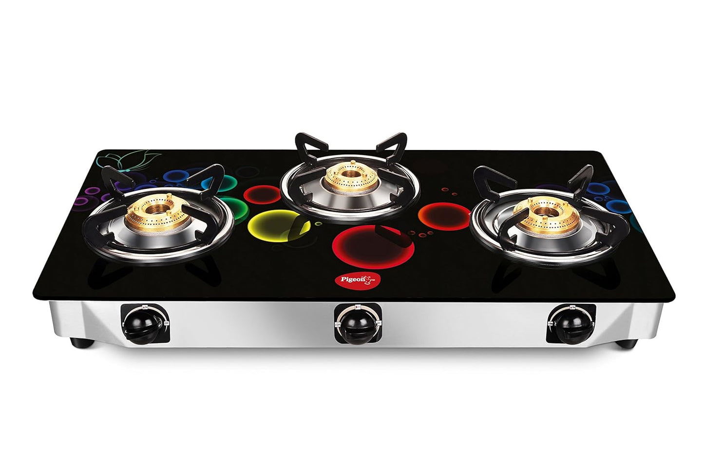 Pigeon Smart Plus 3 High Powered Brass Burner Designer Gas Stove, Cooktop with Glass Top and Stainless Steel body