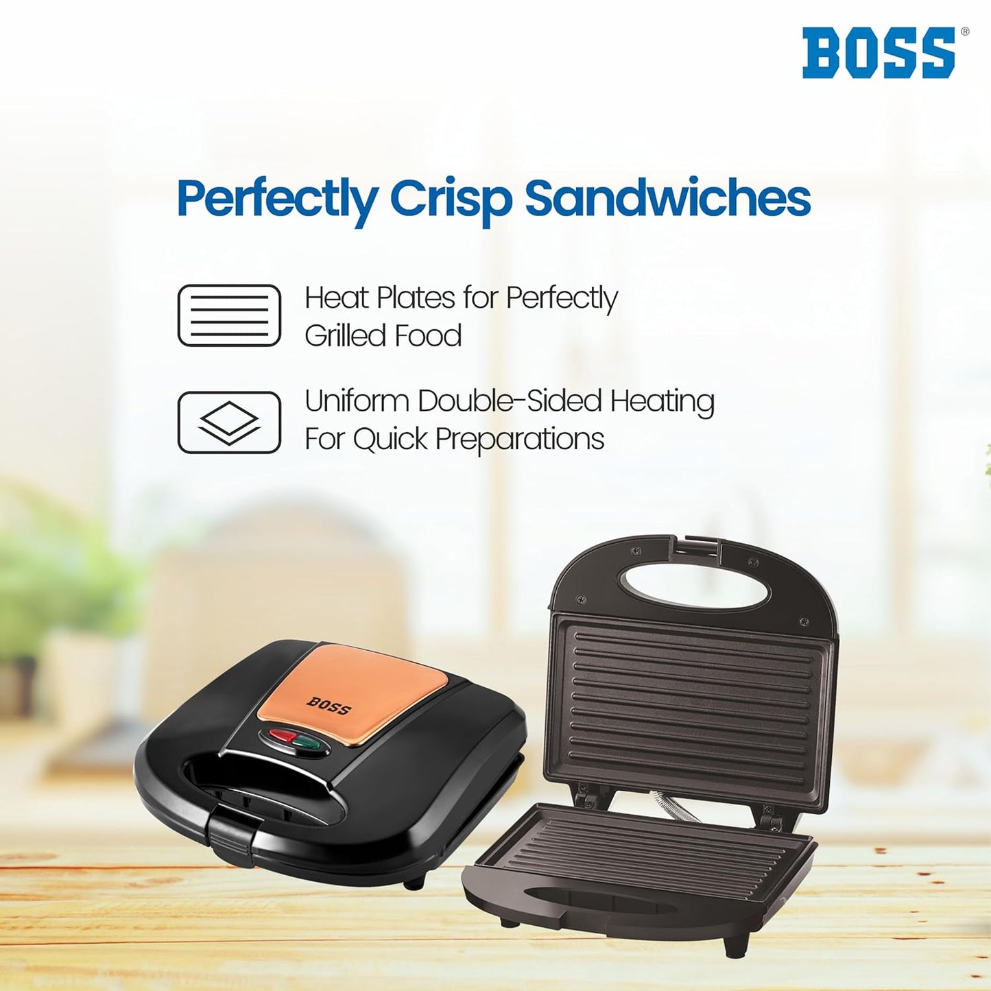 BOSS Panino+ Griller | 800-Watt Grill Sandwich Maker | Non-Stick Coated Plates| Buckle Clips Lock | 2 Yr Warranty | Rose Gold Sandwich Griller