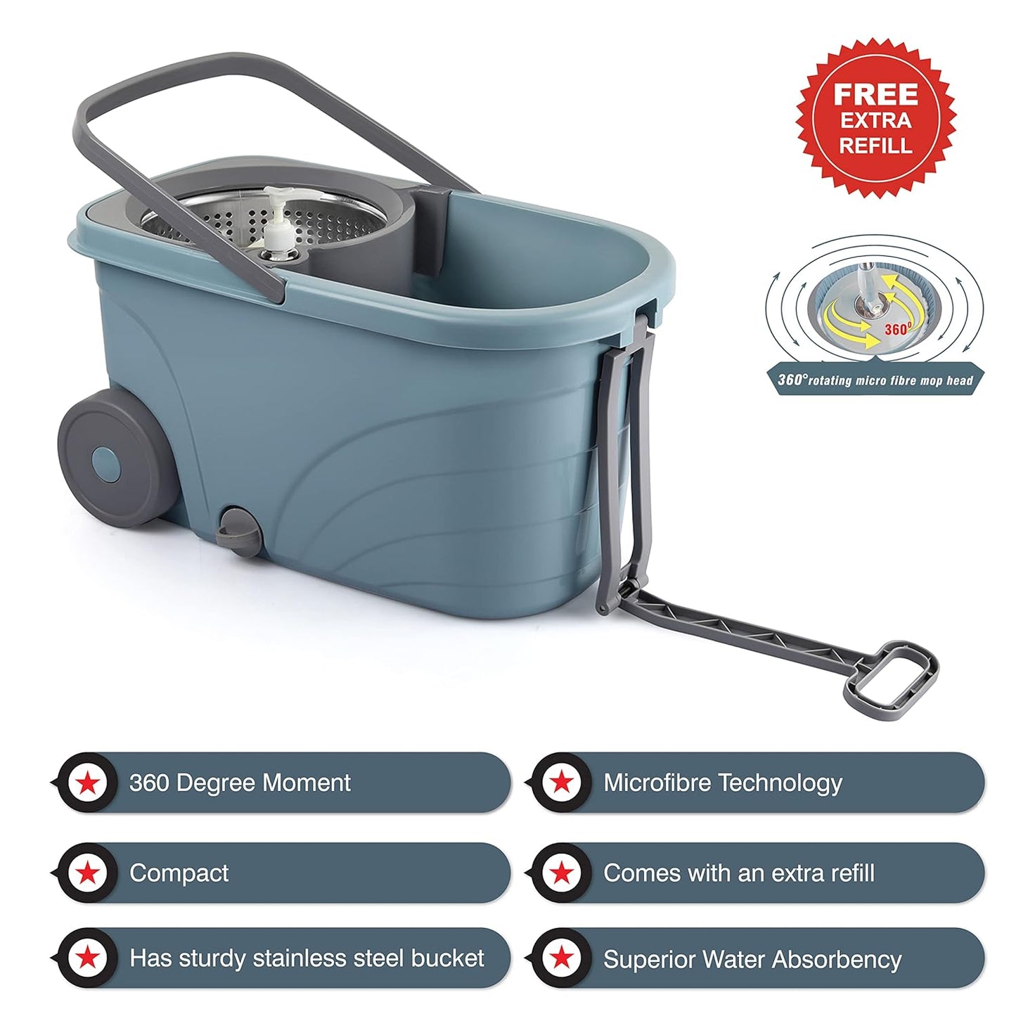 Kleeno by Cello Max Clean Deluxe Stainless Steel Wringer With Big Wheels & Puller Handle, Grey |360° Flexible Mop With 1 Microfiber Refill & Liquid Dispenser|Daily Use Floor Cleaning Pocha With Bucket