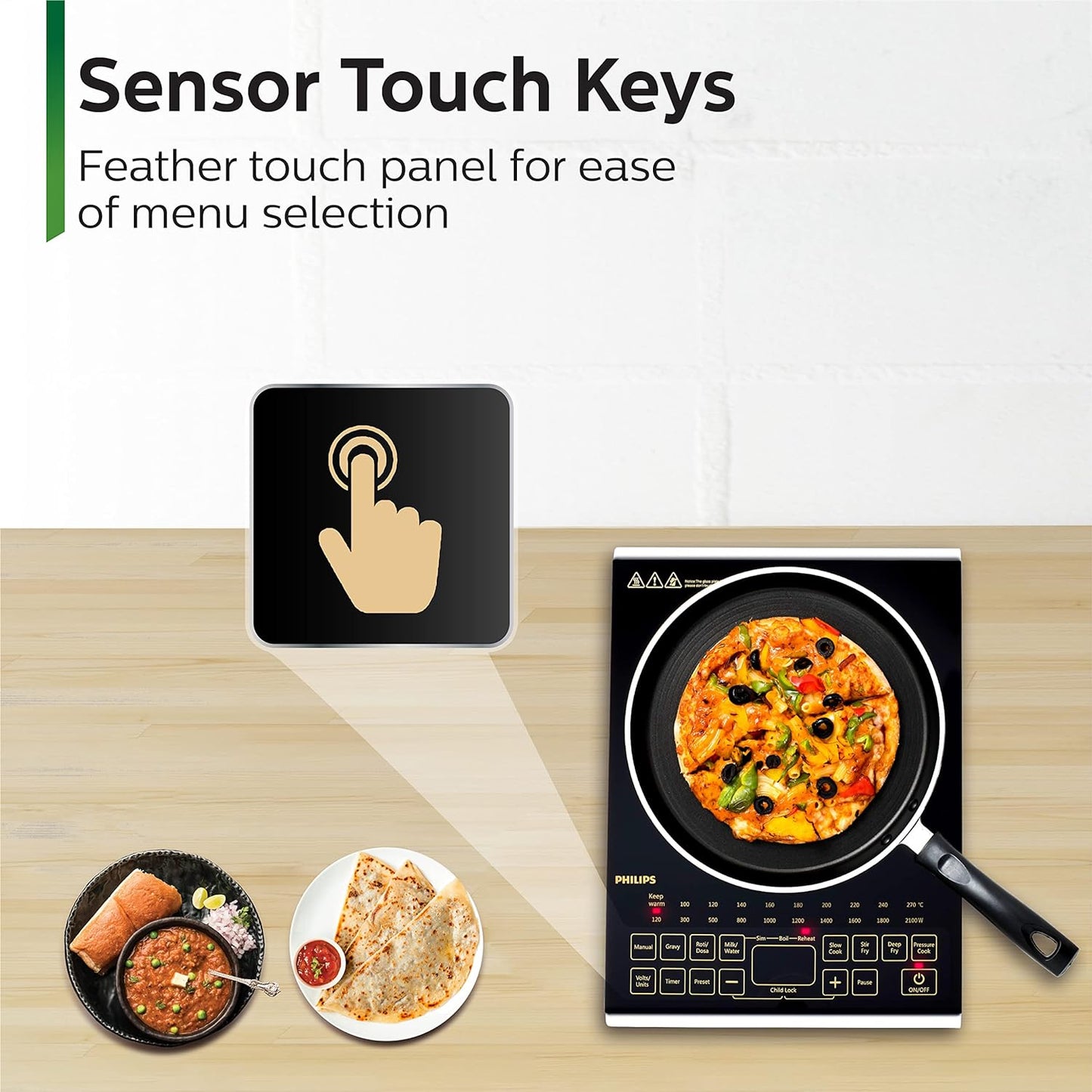 Philips Viva Collection Hd4938/01 2100-Watt Glass Induction Cooktop With Sensor Touch & Full Crystal Glass (Black)