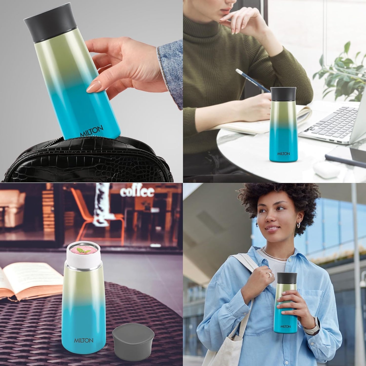Milton Spectra 370 Thermosteel Hot and Cold Flask, 1 Piece, 370 ml, Green/Blue| Insulated Flask | Leak Proof | Soup Flask | Juice Flask | Thermos | Long Hours Hot and Cold