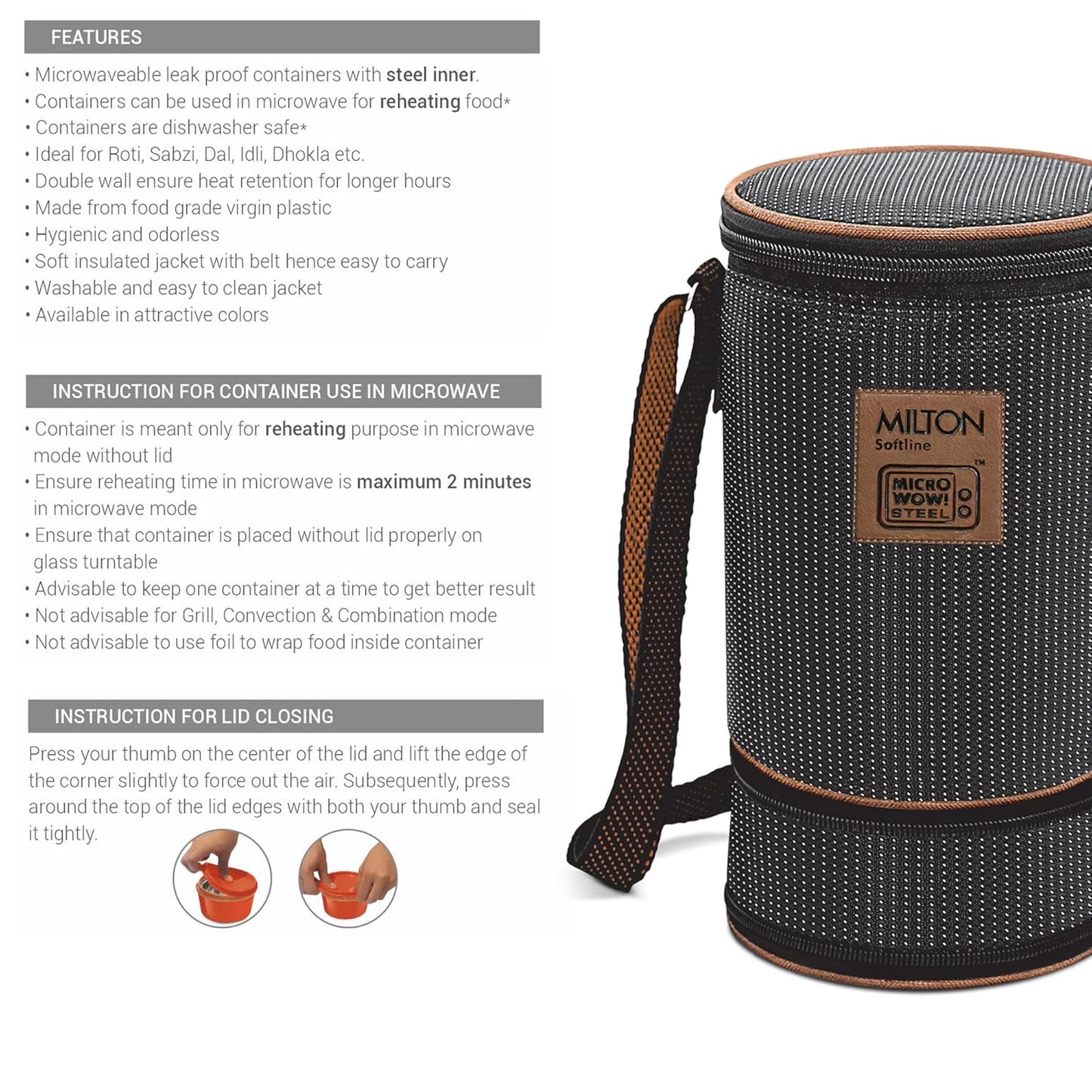 MILTON Flexi 3+1 Inner Stainless Steel Lunch Box with Jacket, Set of 4, (180 ml, 320 ml, 320 ml, 450 ml), Black | Microwaveable Steel | Leak Proof | Food Grade | Dishwasher Safe | Easy to Carry