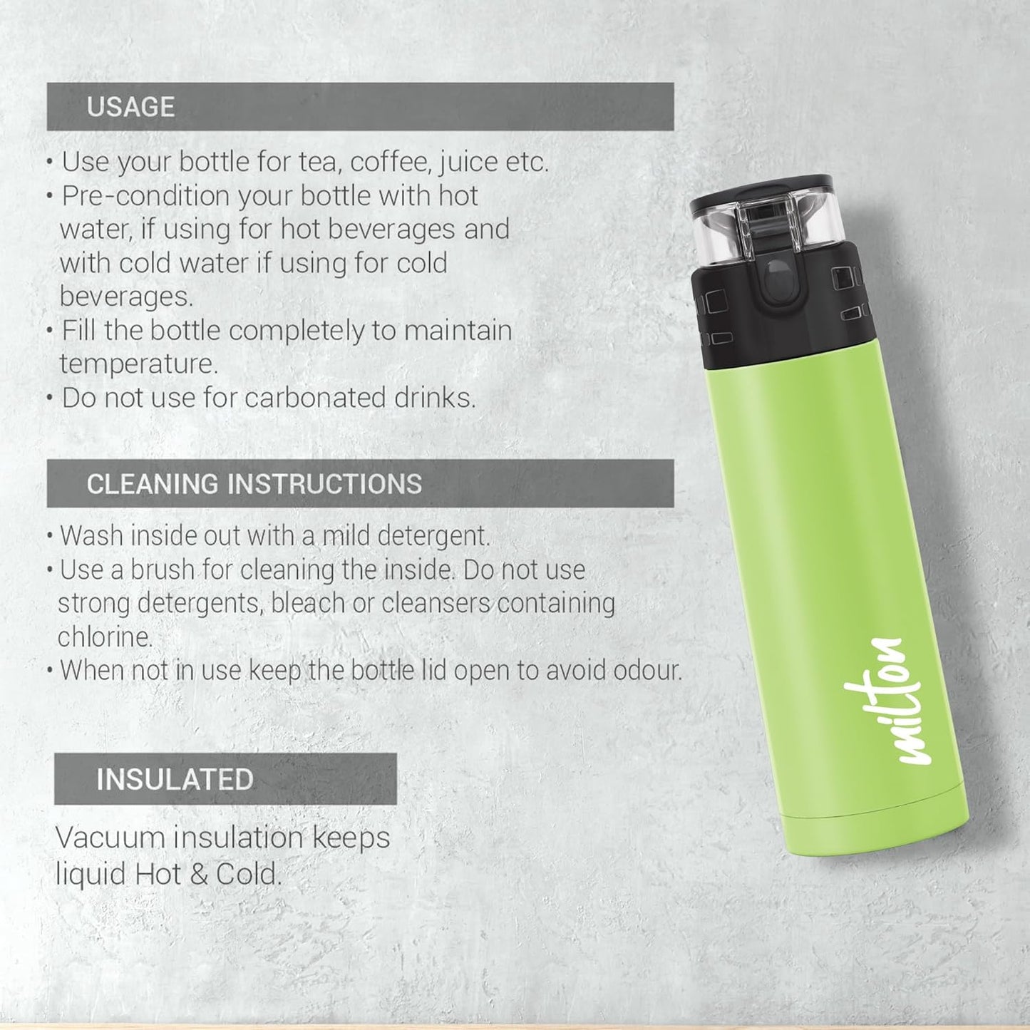 Milton Atlantis 600 Thermosteel Water Bottle 500 ml, 24 Hr Hot and Cold I Leak Proof Lid, ISI Certified I Vacuum Insulated I for Office, Gym, School I Green