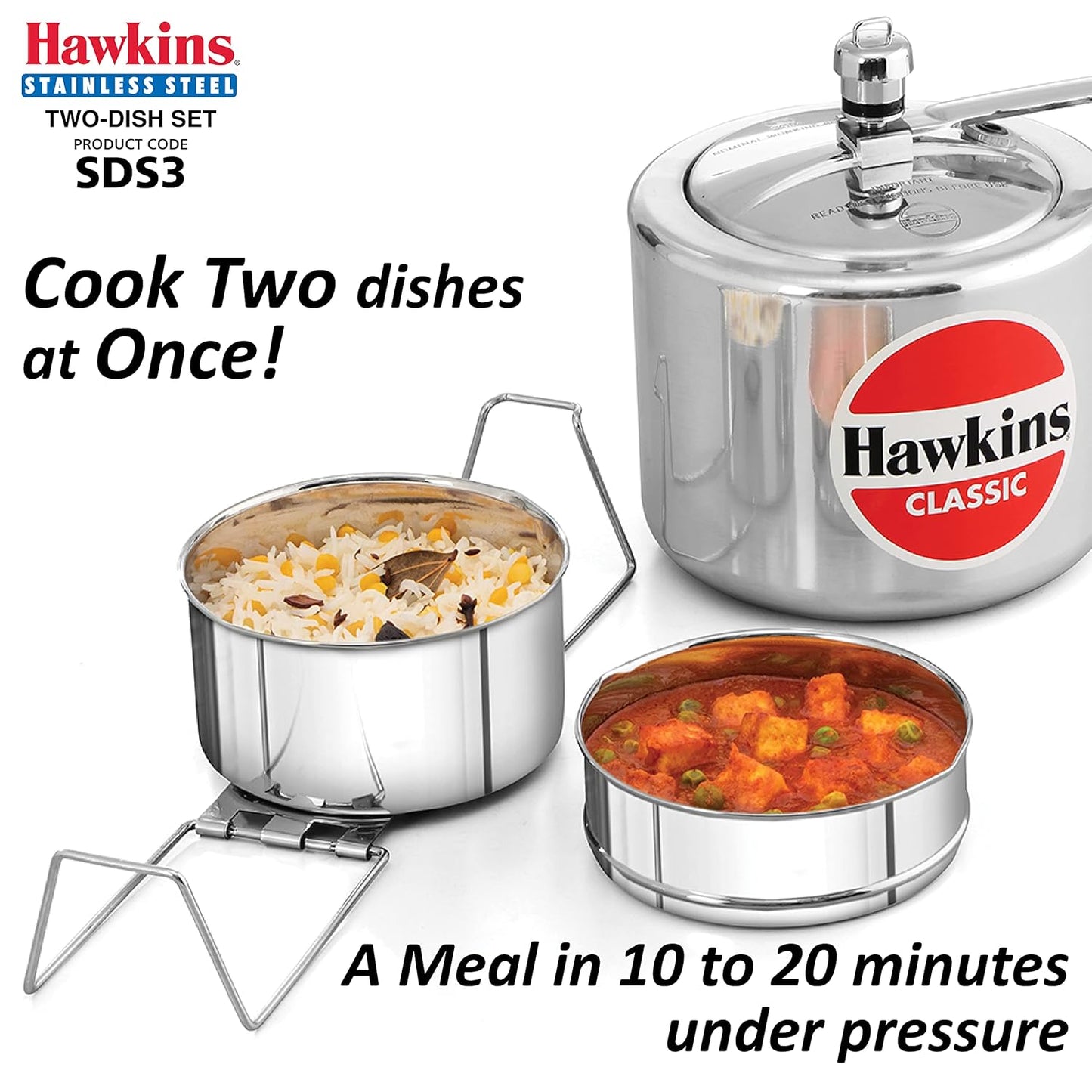 Hawkins Two-Dish Stainless Steel Set, Cooker Separator, Pressure Cooker Pots, Silver (SDS3), 1.275 liters