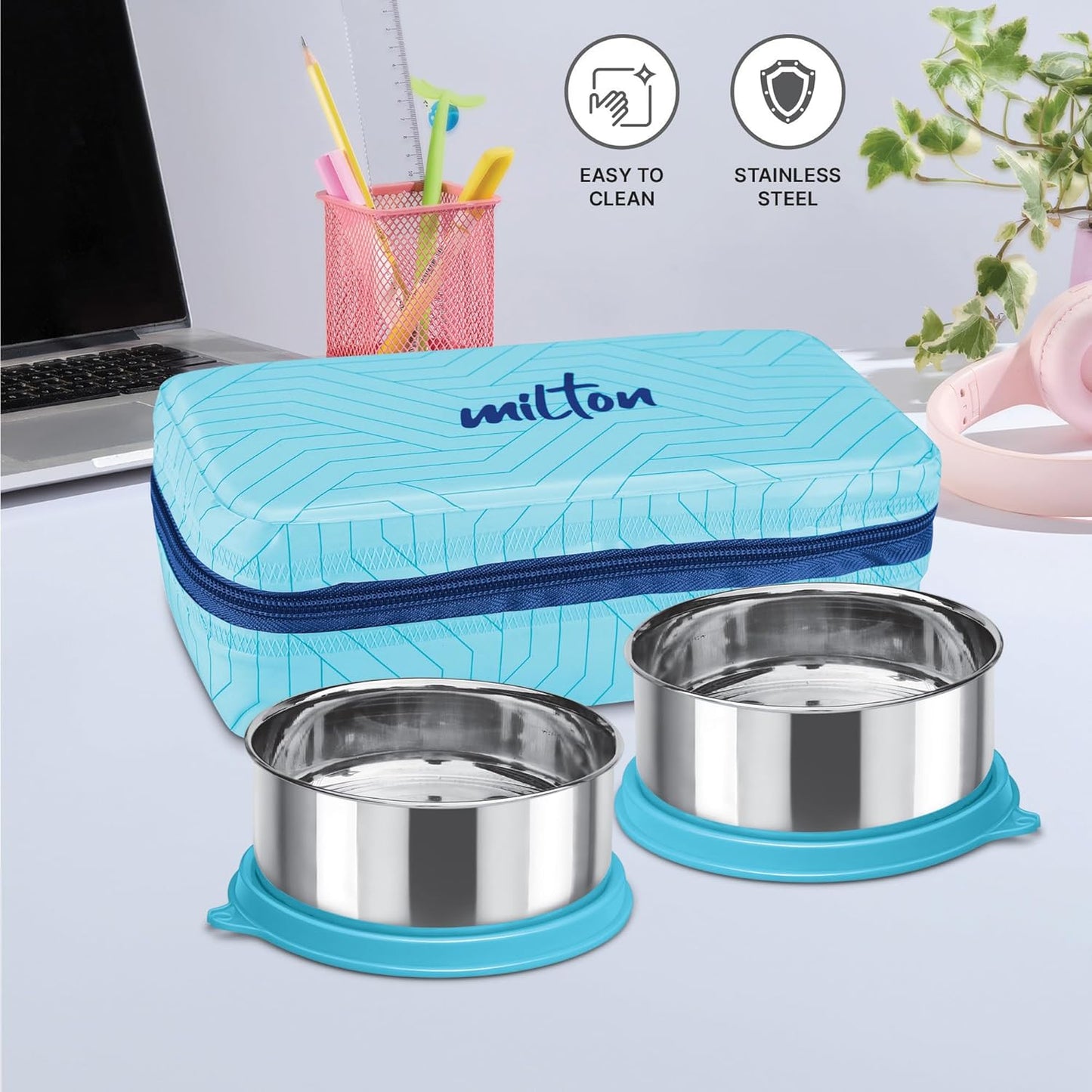 MILTON Mini Lunch Prime Tiffin with Unisex Bag, 2 Stainless Steel Containers 300 ml Each, with Plastic Cutleries, Leak-Proof Lunch Box for Office, School, College, Blue