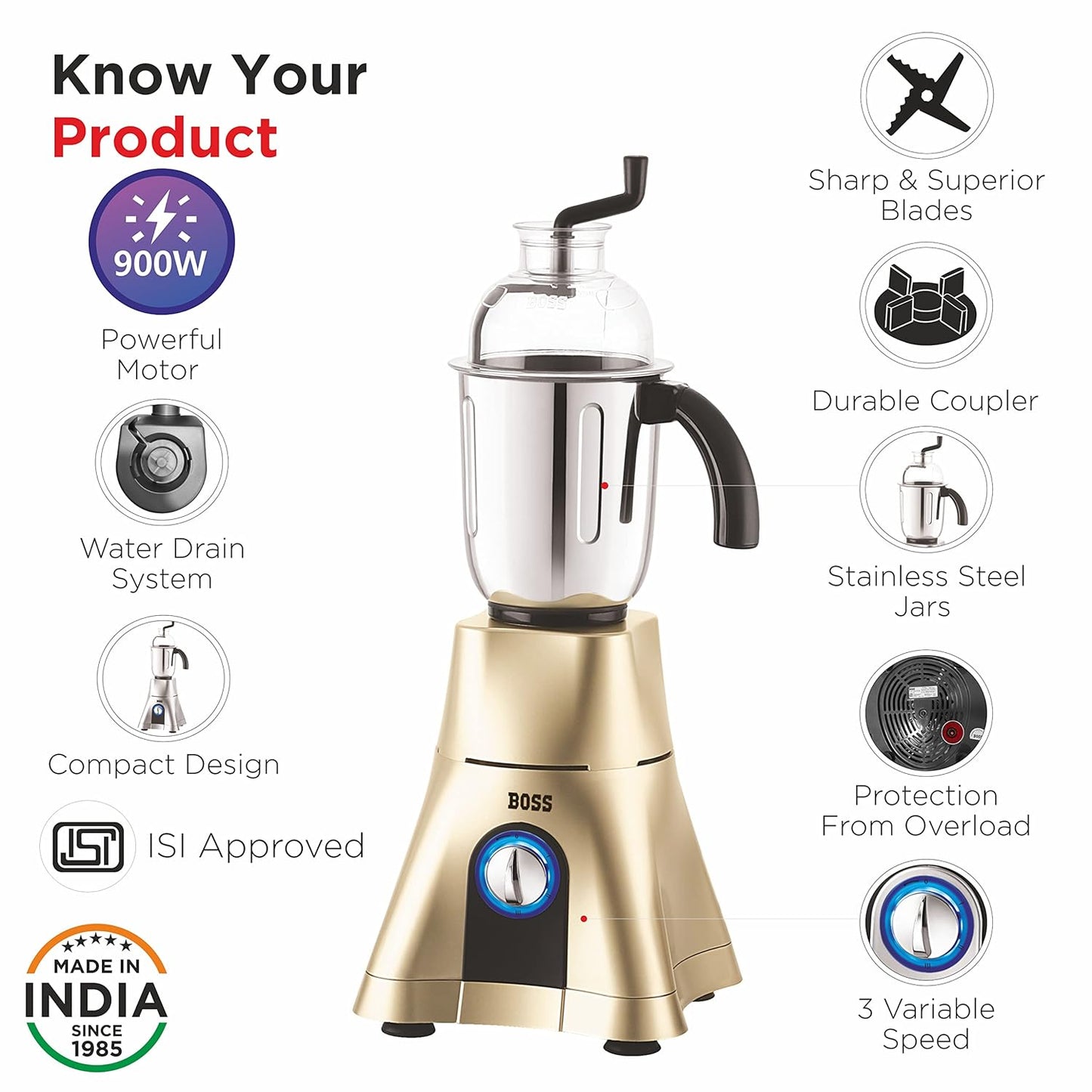 Boss CycloneMaxx 100% Copper Winding motor, Mixer Grinder, 900 Watt Power Grind, 4-Jars, Black