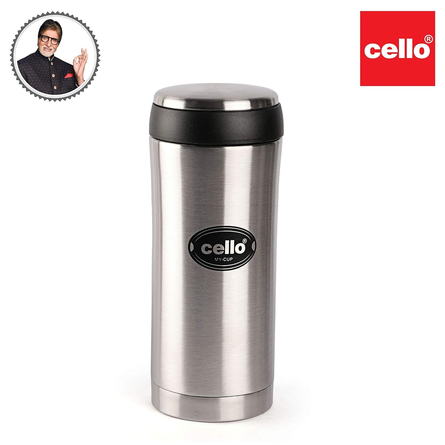 Cello My Cup Stainless Steel Water Bottle | Leak-Proof Cap & Wide Mouth Opening | Thermo Steel Technology | Ideal for Gym or Various Outdoor Activities Like Hiking, Trekking | 350ml- Silver