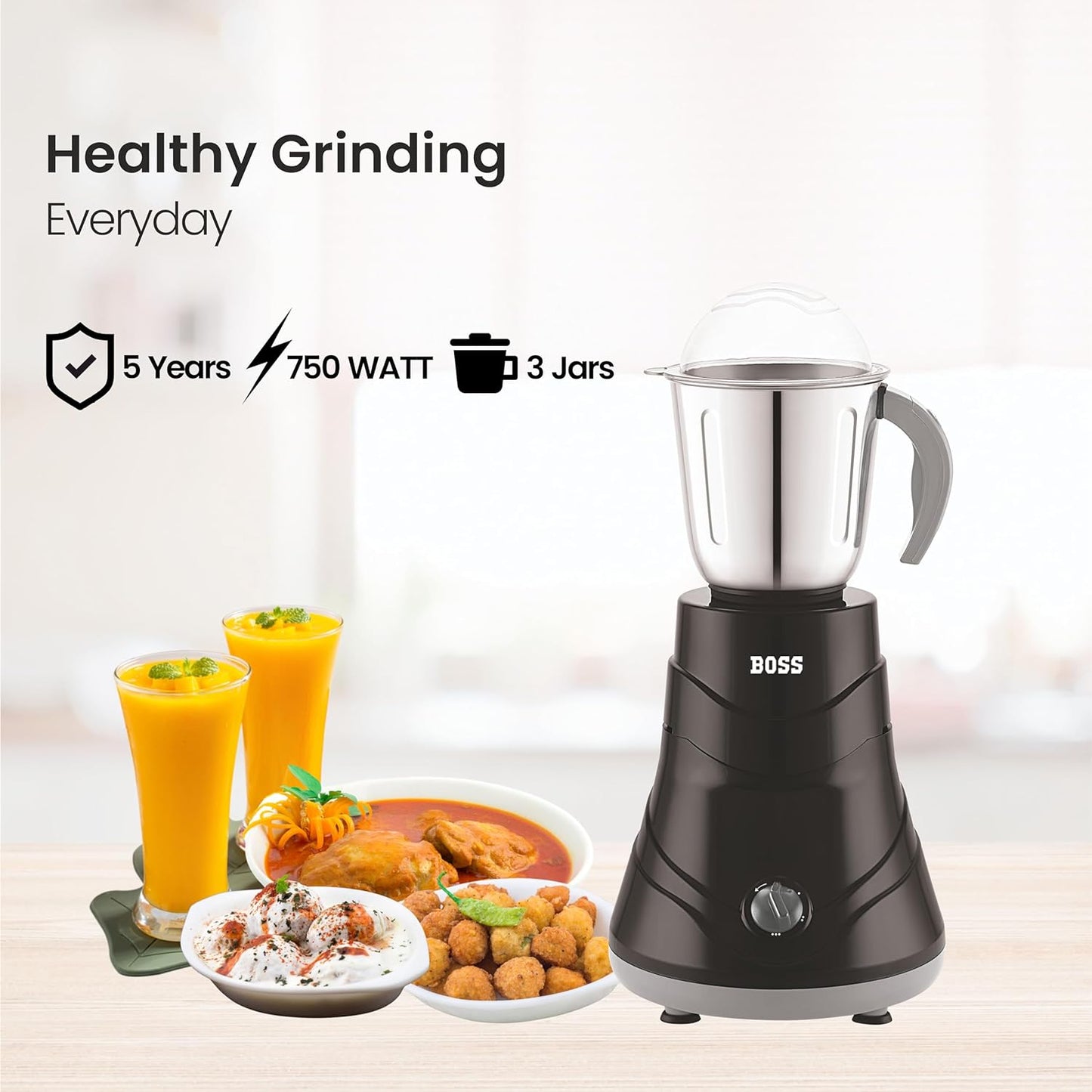 BOSS Alpha 750W Mixer Grinder with Powerful Motor, 5 years warranty* & Overload Protection, 3 Stainless Steel Jars, Black