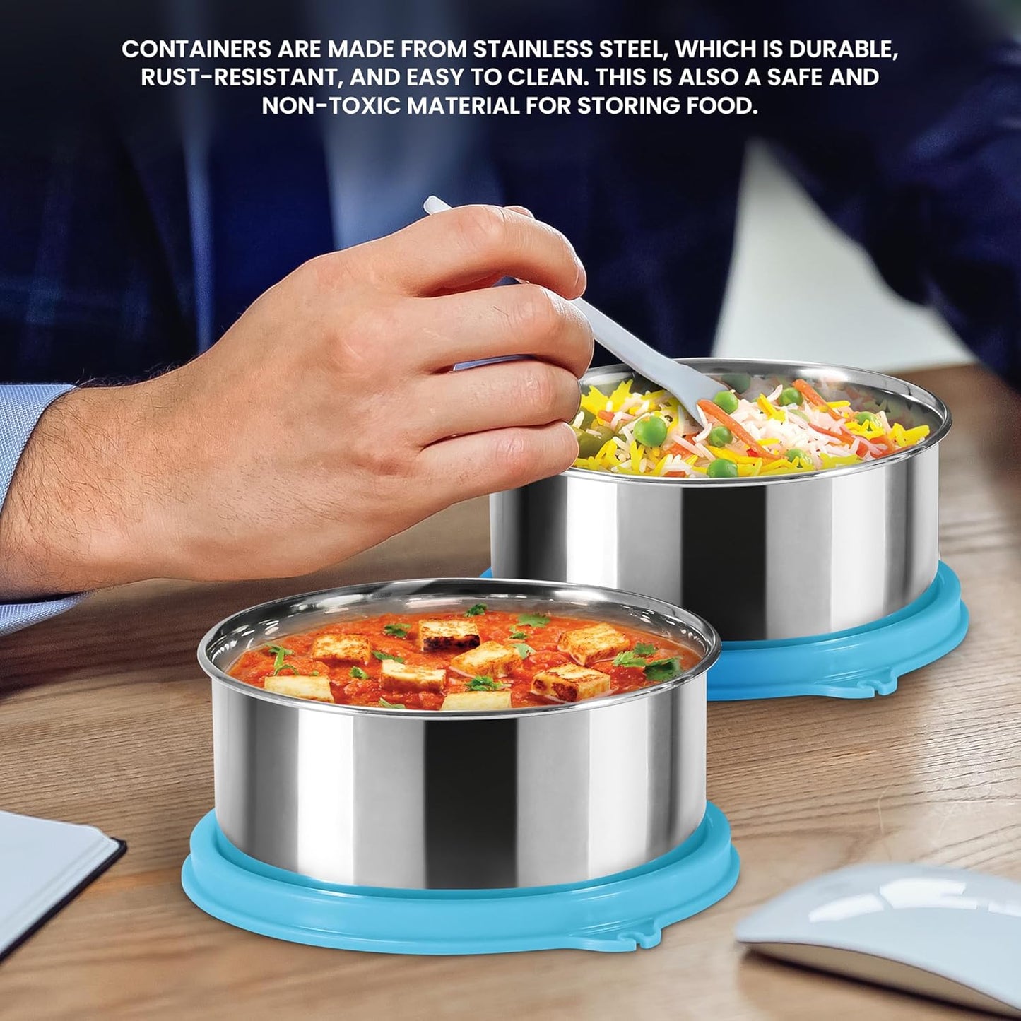 MILTON Mini Lunch Prime Tiffin with Unisex Bag, 2 Stainless Steel Containers 300 ml Each, with Plastic Cutleries, Leak-Proof Lunch Box for Office, School, College, Blue