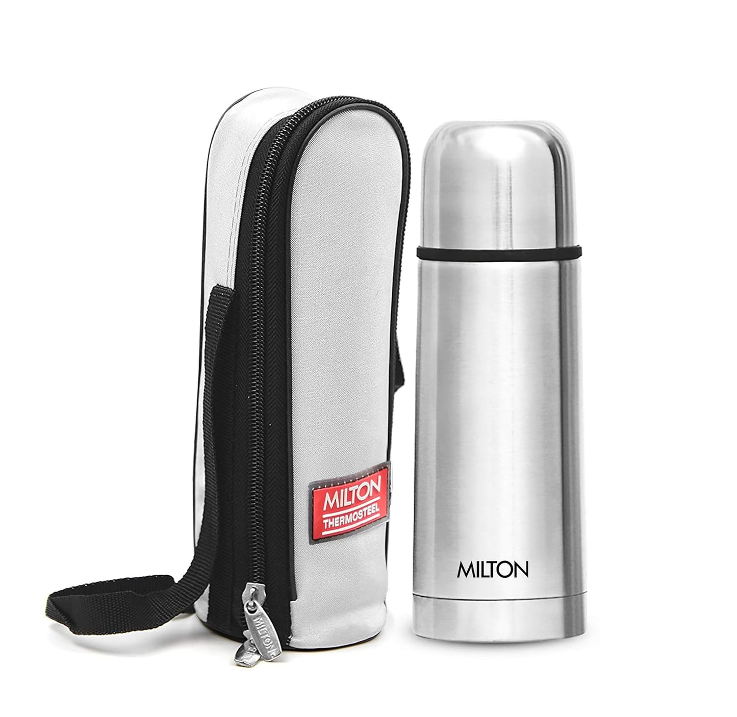 Milton Flip Lid 350 Thermosteel 24 Hours Hot and Cold Flask with Bag, 1 Piece, 350 ml, Silver