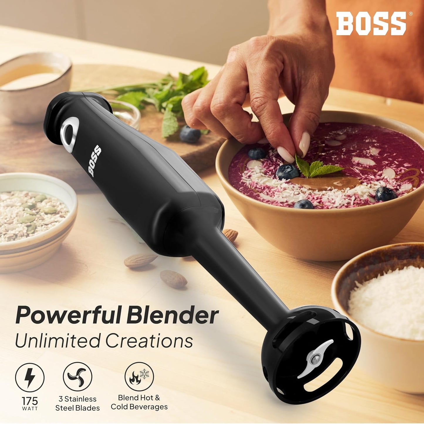BOSS Classic+ Hand Blender 175W with 3 Stainless Steel Blades & 2 Year Warranty | Black