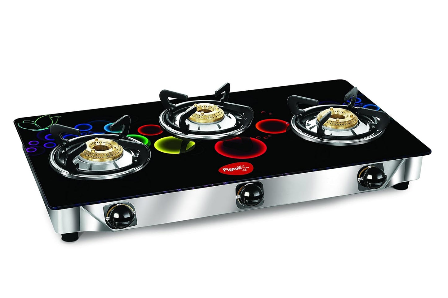 Pigeon Smart Plus 3 High Powered Brass Burner Designer Gas Stove, Cooktop with Glass Top and Stainless Steel body