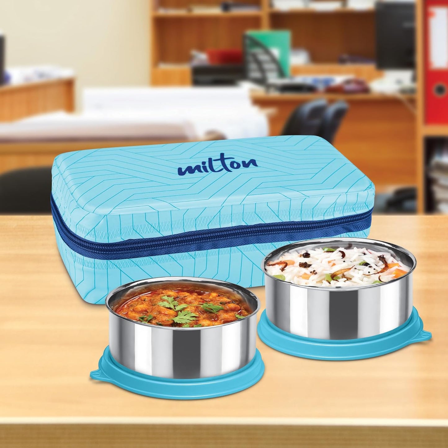 MILTON Mini Lunch Prime Tiffin with Unisex Bag, 2 Stainless Steel Containers 300 ml Each, with Plastic Cutleries, Leak-Proof Lunch Box for Office, School, College, Blue