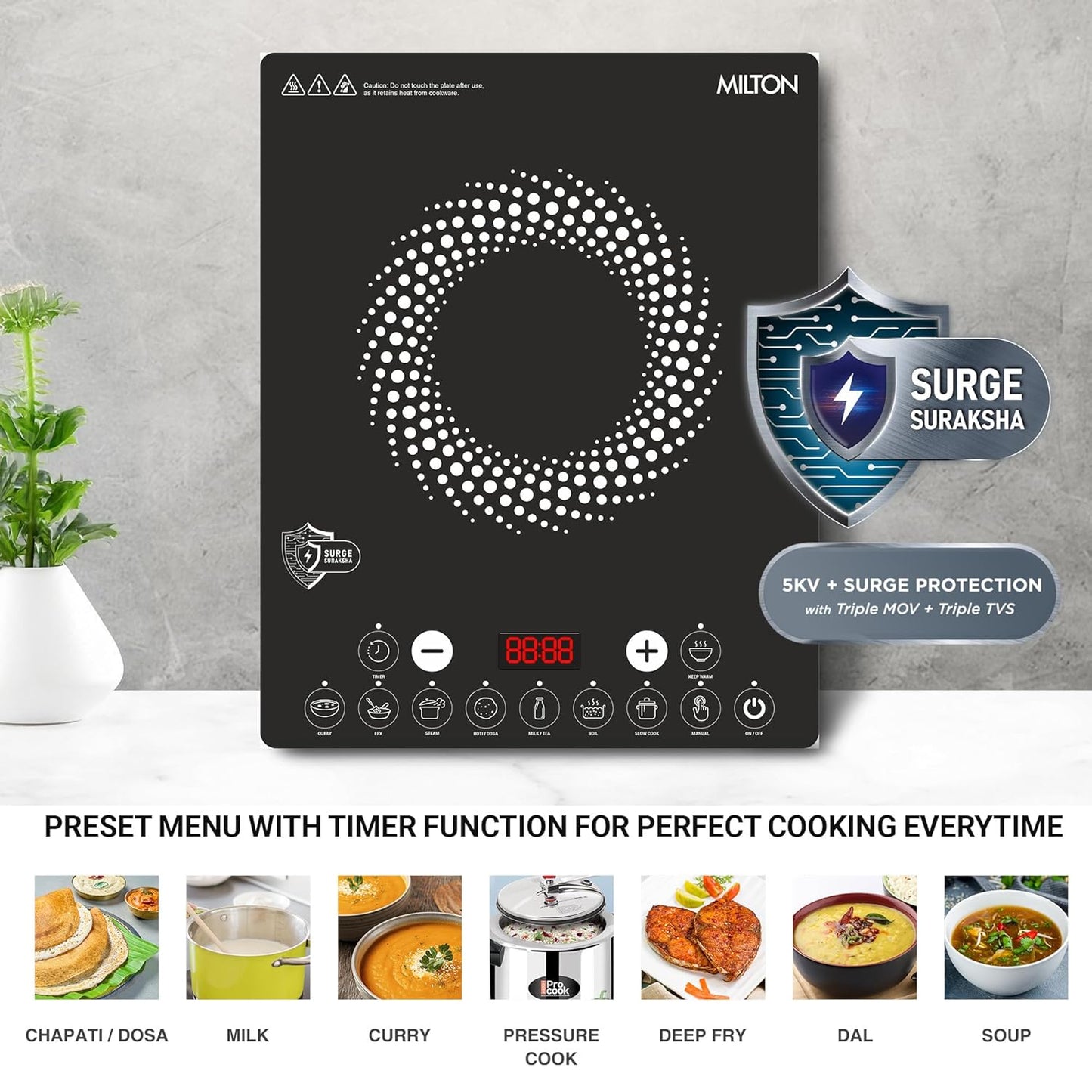 Milton Elio 21.0 Portable Induction Cooktop | LED Display Panel, 5KV Surge Protection I Timer & Preset Menu Functions | 2100 W Push Button| Fast Cooking | 3-Year Warranty on Coil