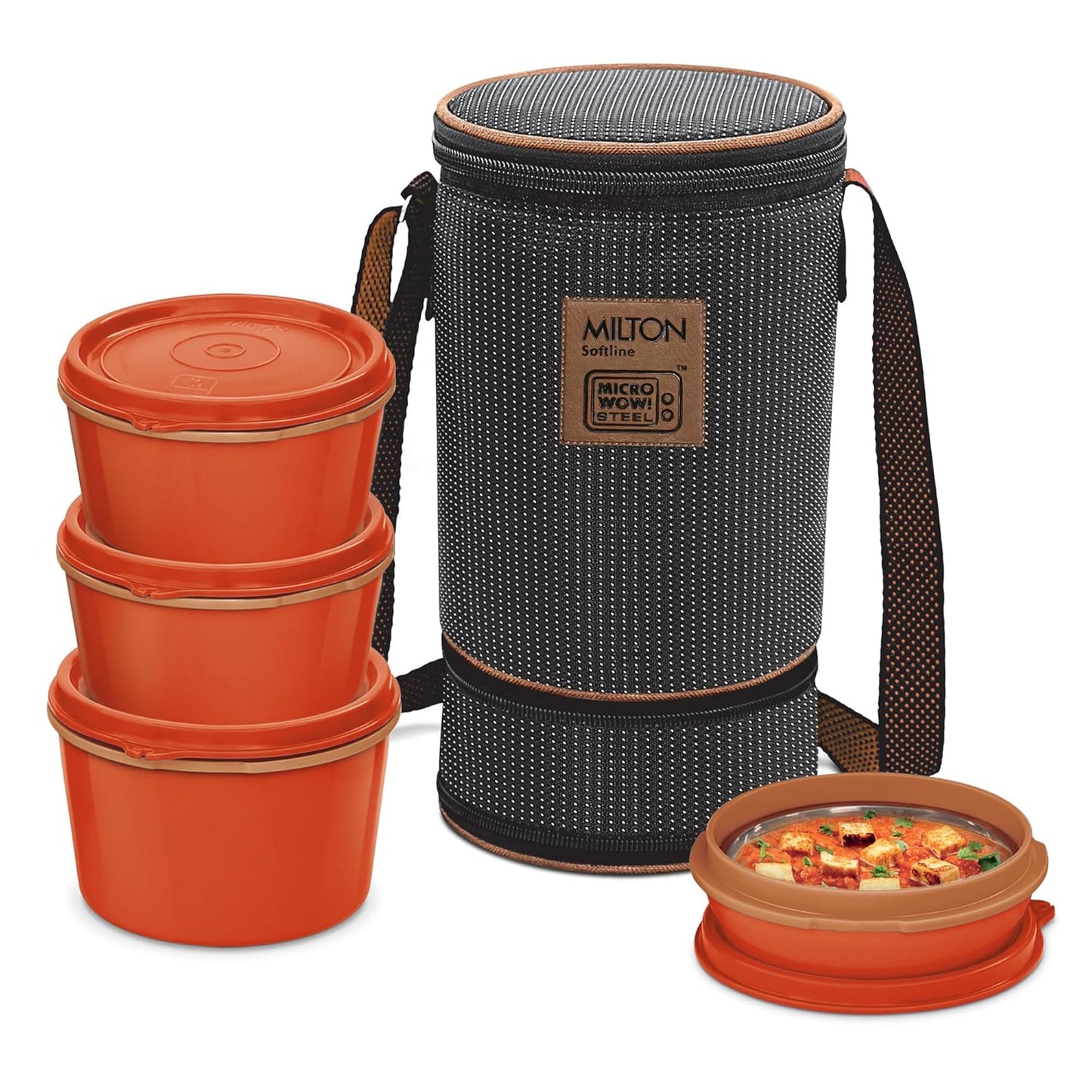MILTON Flexi 3+1 Inner Stainless Steel Lunch Box with Jacket, Set of 4, (180 ml, 320 ml, 320 ml, 450 ml), Black | Microwaveable Steel | Leak Proof | Food Grade | Dishwasher Safe | Easy to Carry