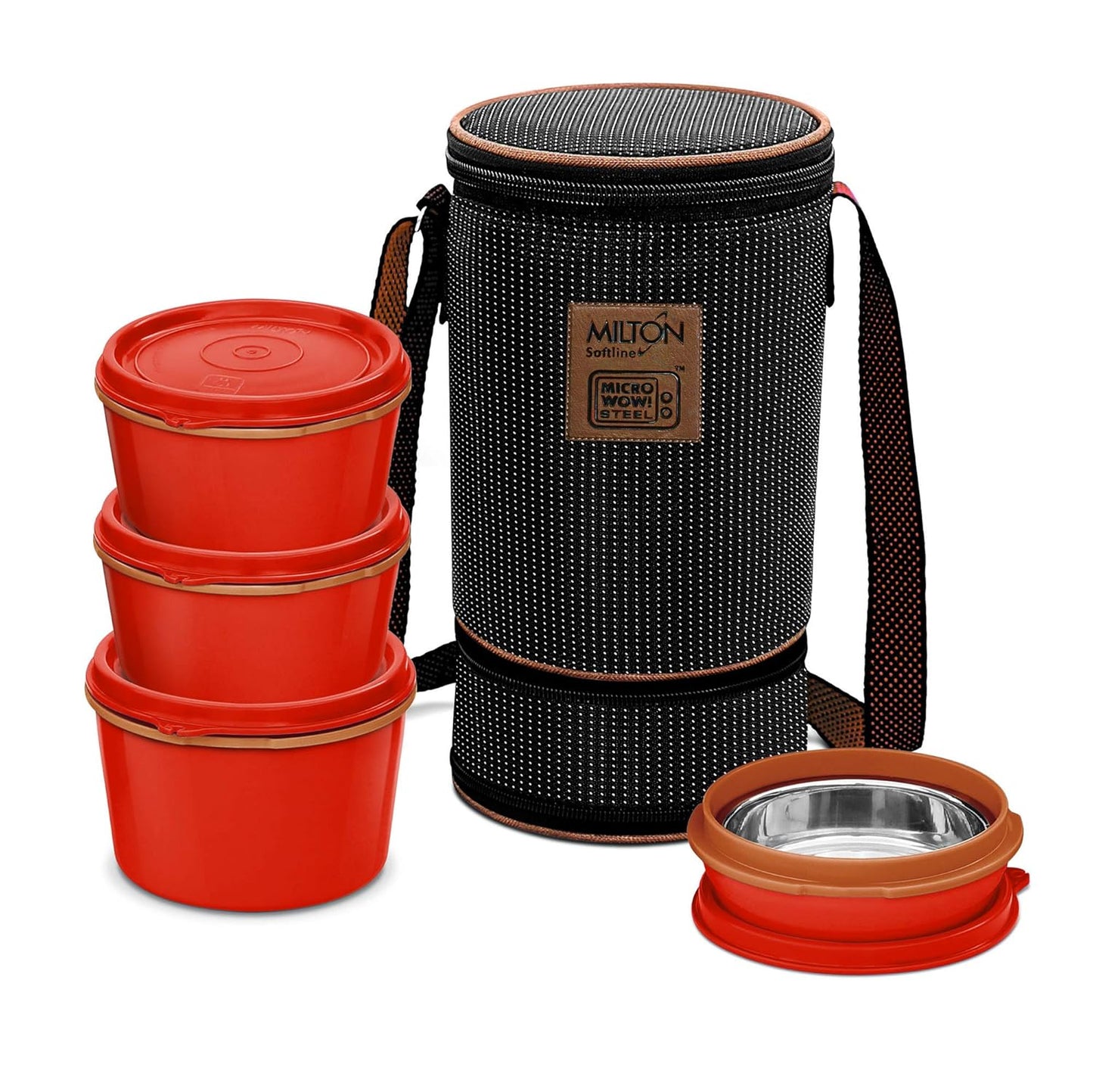 MILTON Flexi 3+1 Inner Stainless Steel Lunch Box with Jacket, Set of 4, (180 ml, 320 ml, 320 ml, 450 ml), Black | Microwaveable Steel | Leak Proof | Food Grade | Dishwasher Safe | Easy to Carry