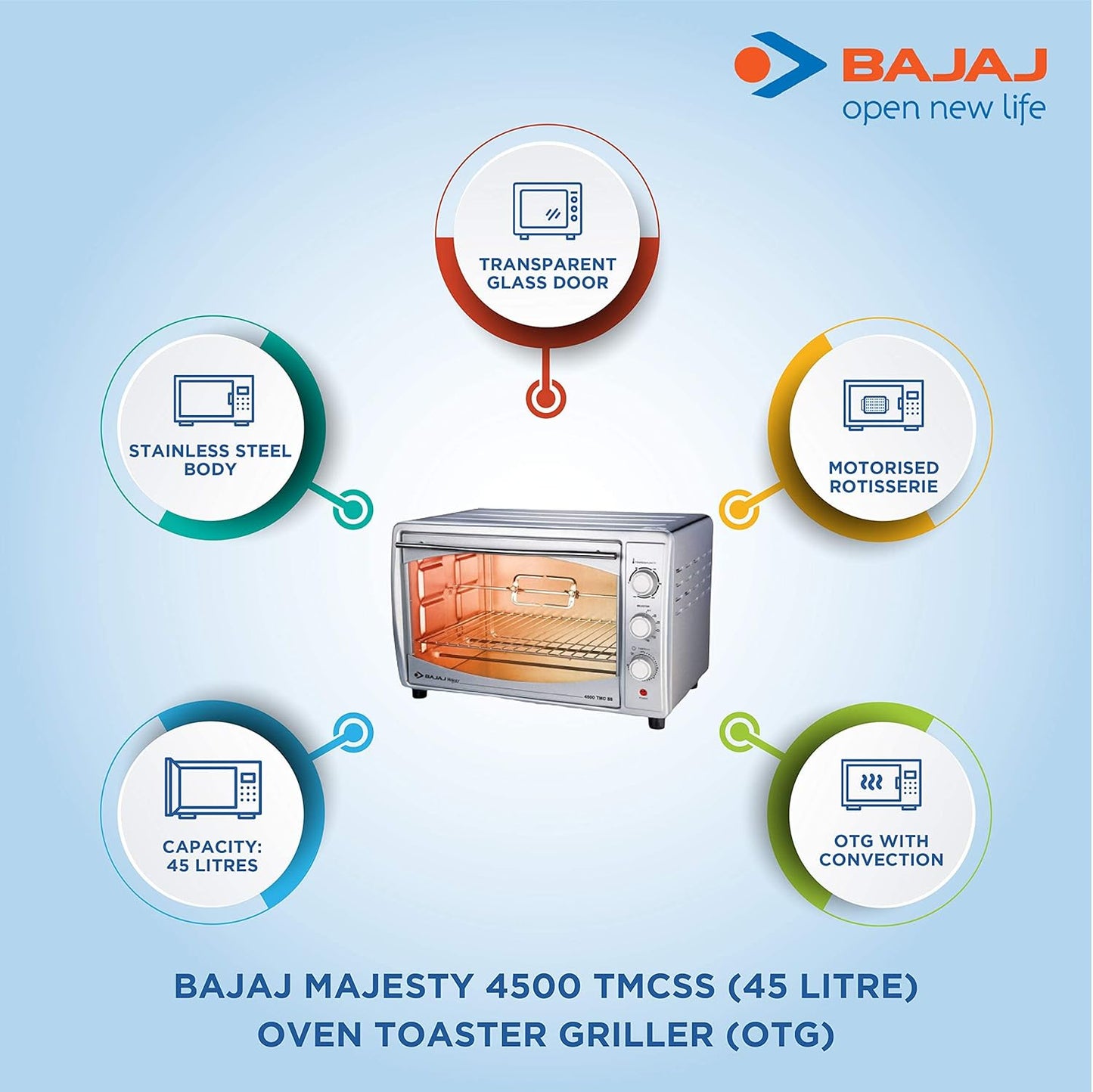 Bajaj Majesty 4500 Tmcss 45 Litre Oven Toaster Grill(45 Litres Otg)With Motorised Rotisserie&Convection Fan,Stainless Steel Body&Transparent Glass Door,2 Year Warranty,Silver,45 Liter,1200 Watt