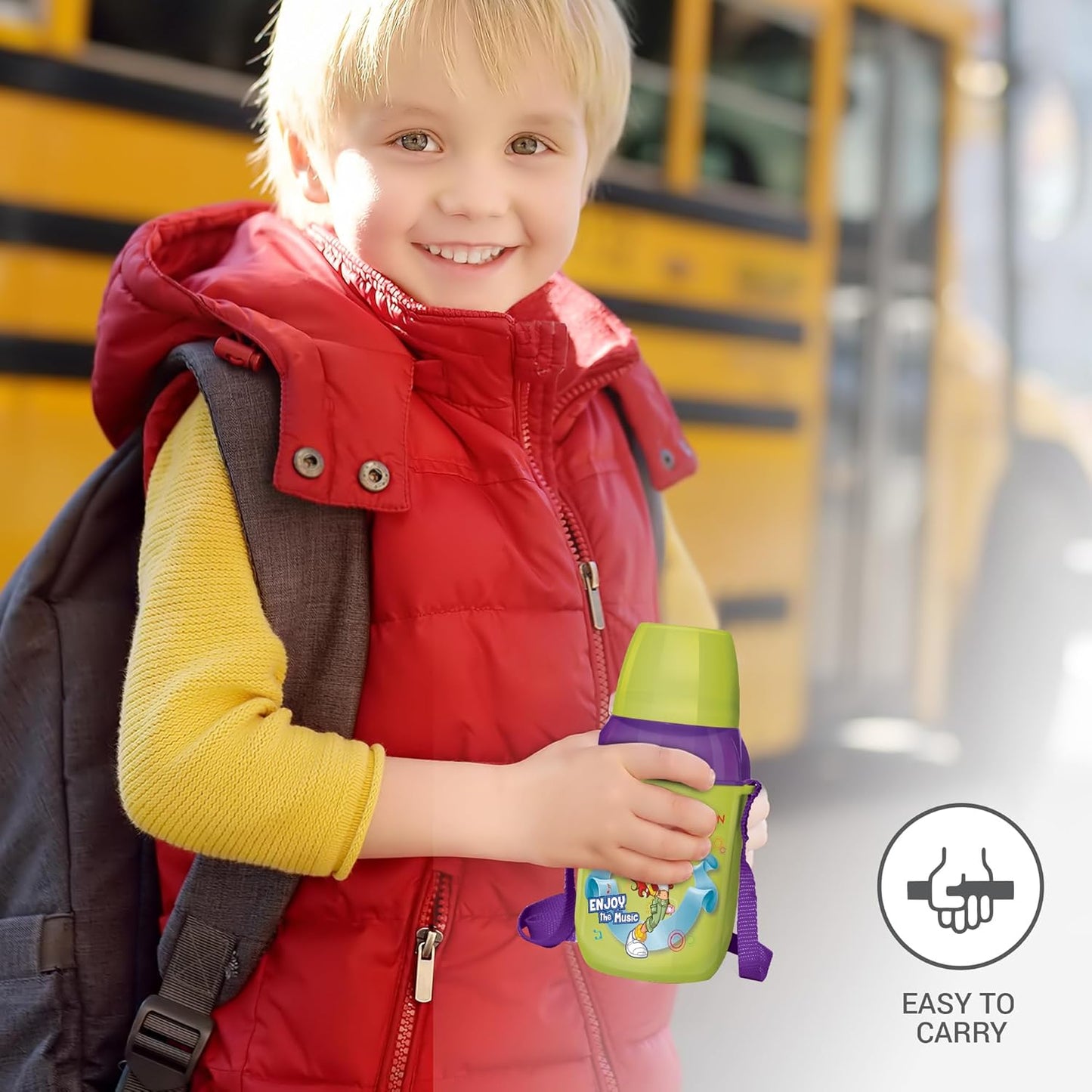 MILTON Kool Kid 450 Plastic Insulated Water Bottle with Belt & Straw, 430 ml, Green | PU Insulated | BPA Free | Easy to Carry | Leak Proof