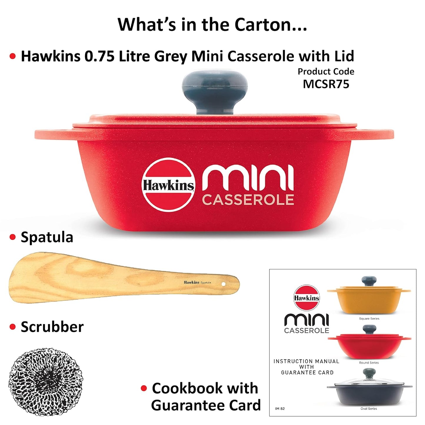 Hawkins Aluminium 0.75 liter Mini Casserole With Lid, Square Series Die-Cast Pan For Cooking, Reheating, Serving And Storing, Red (Mcsr75)