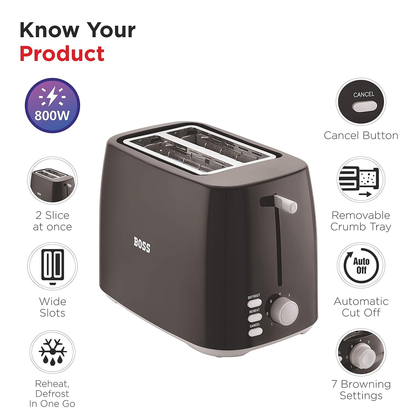 BOSS Crusty 800-Watt Pop-up Toaster (Black)