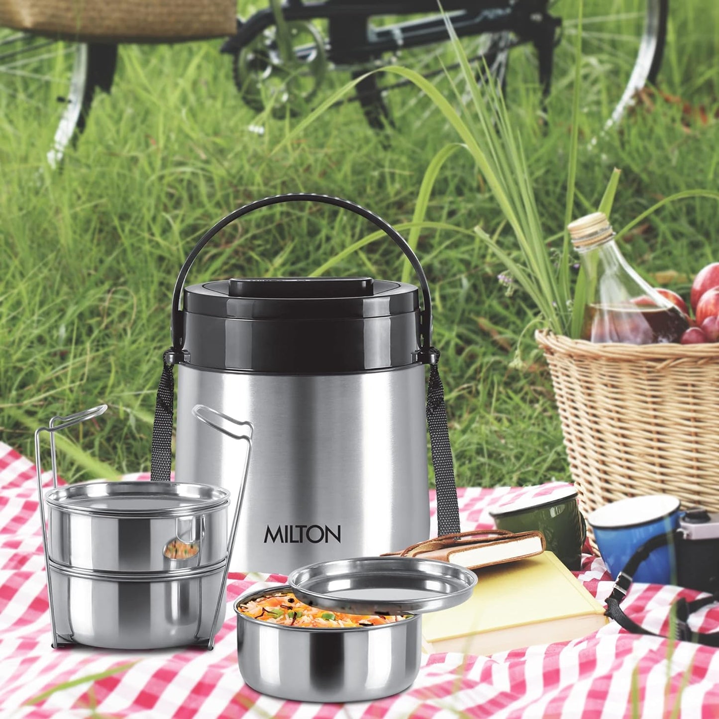 MILTON Steel Classic 3 Tiffin with Lifter, 3 Container, 300 ml Each, Silver | PU Insulated | Food Grade | Easy to Carry | Hot & Cold | Office | Outdoors | Food Grade