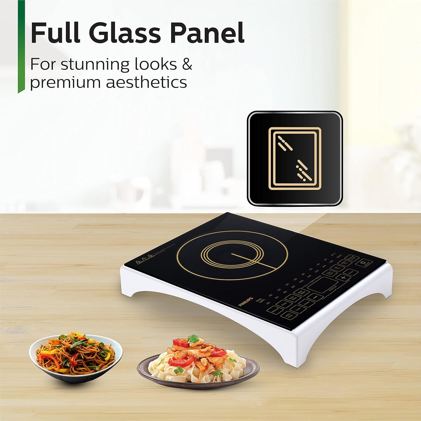 Philips Viva Collection Hd4938/01 2100-Watt Glass Induction Cooktop With Sensor Touch & Full Crystal Glass (Black)