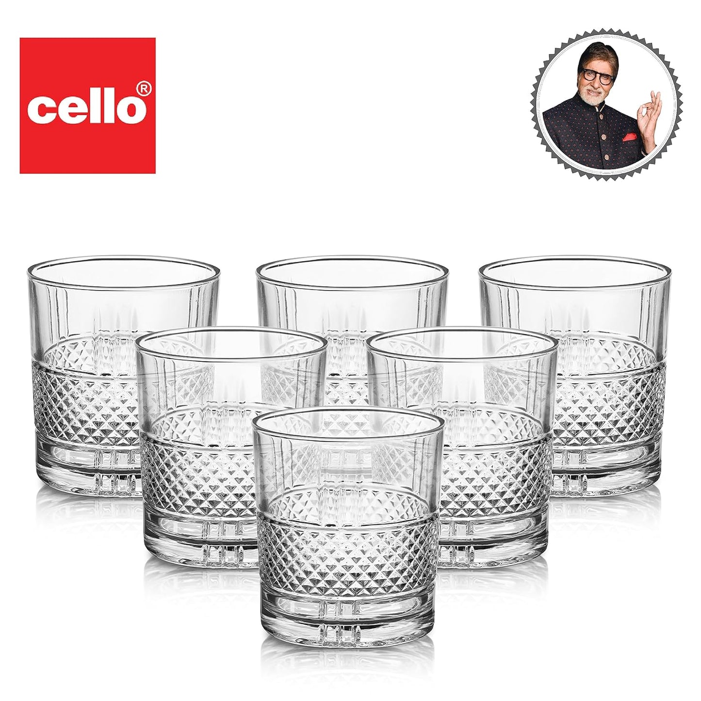 CELLO Brilliant Glass Tumblers | Set of 6 | 215ml | Clear