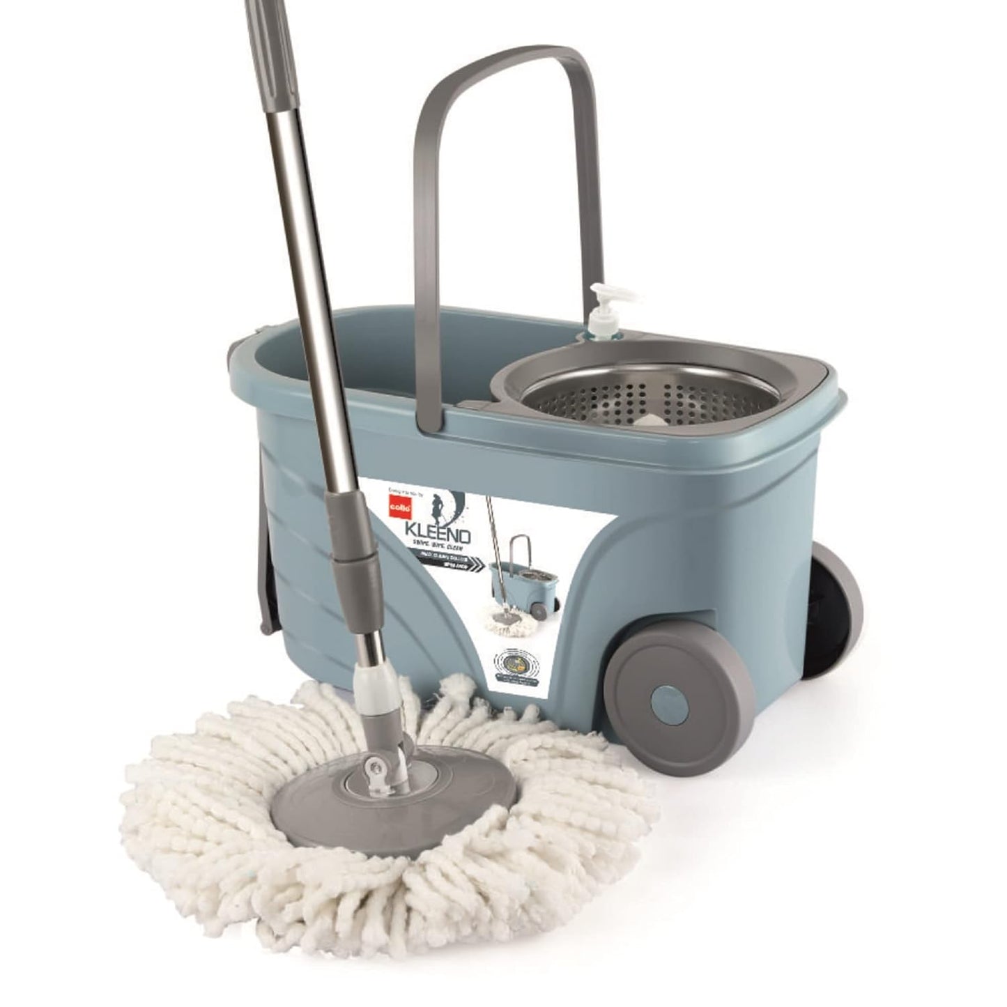 Kleeno by Cello Max Clean Deluxe Stainless Steel Wringer With Big Wheels & Puller Handle, Grey |360° Flexible Mop With 1 Microfiber Refill & Liquid Dispenser|Daily Use Floor Cleaning Pocha With Bucket