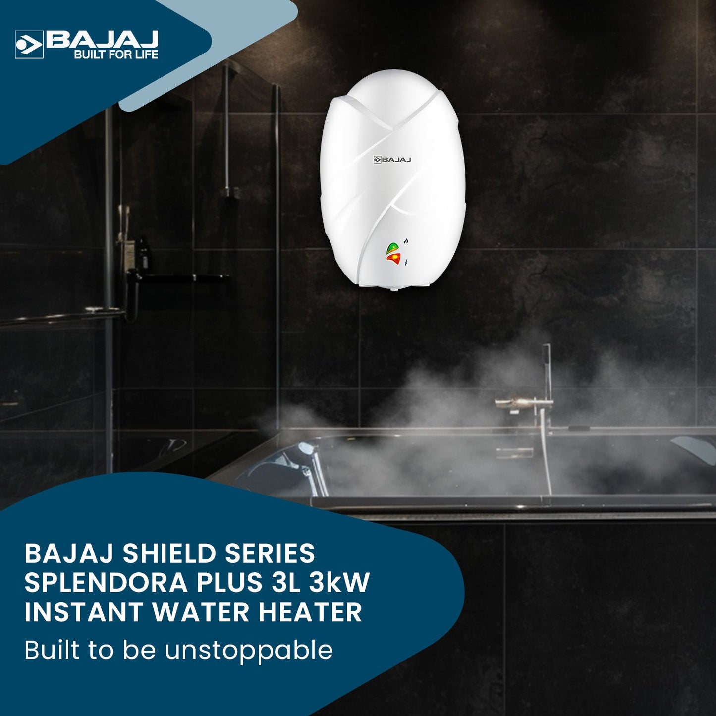 Bajaj Shield Series Splendora Plus 3L 3KW Vertical Instant Water Heater For Home | Geyser For Bathroom & Kitchen | High Grade SS Tank | Copper Heating Element | 4-Yr Product 6-Yr Element 5-Yr Tank Warranty 【White】