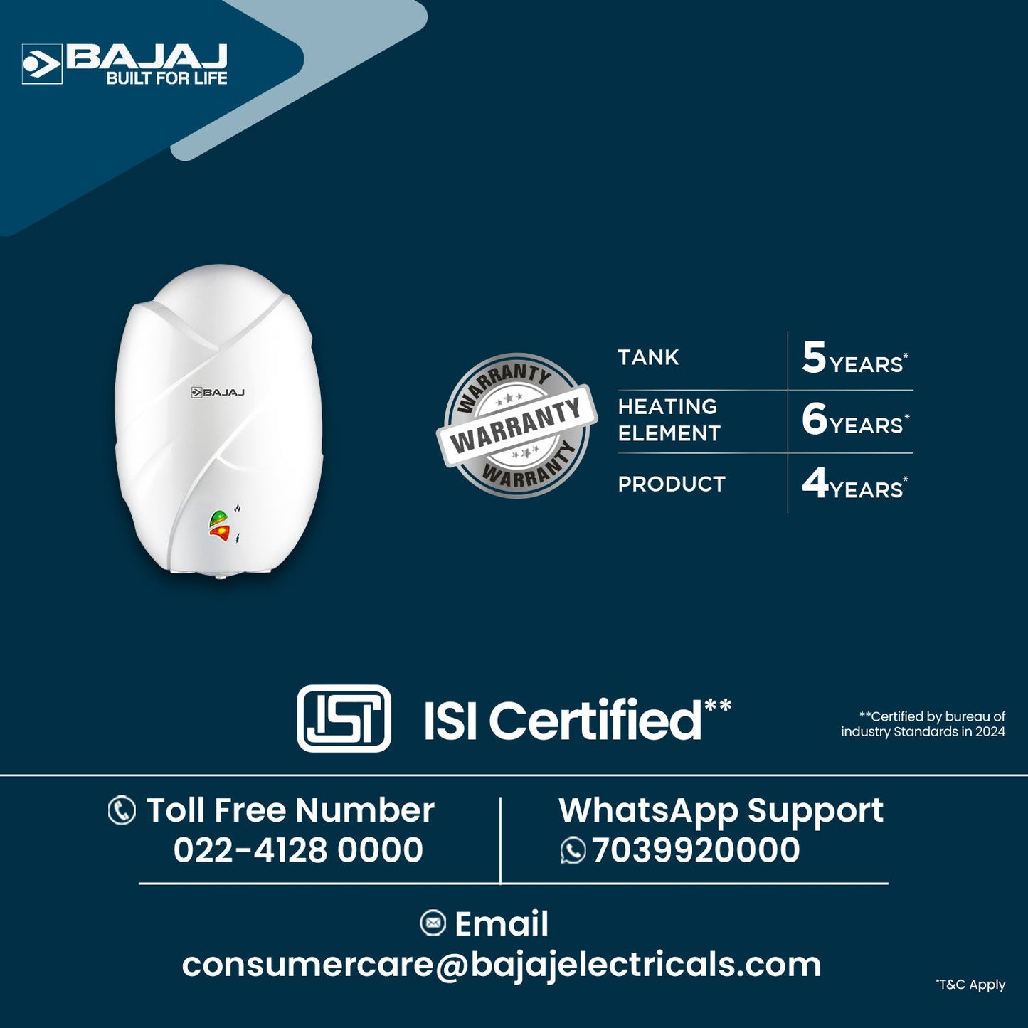 Bajaj Shield Series Splendora Plus 3L 3KW Vertical Instant Water Heater For Home | Geyser For Bathroom & Kitchen | High Grade SS Tank | Copper Heating Element | 4-Yr Product 6-Yr Element 5-Yr Tank Warranty 【White】