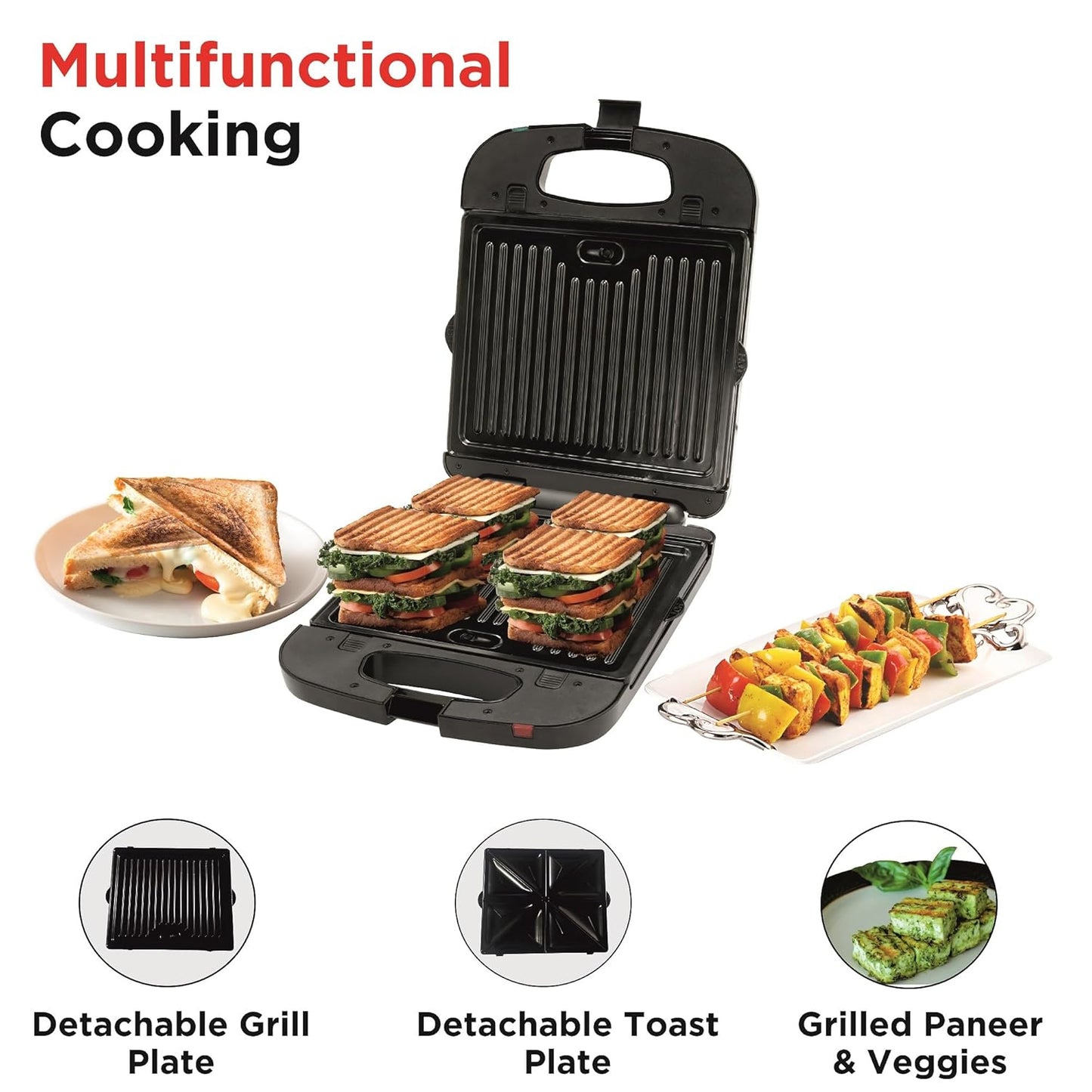 BOSS JumboXL 4 Sandwich Griller Toaster with 2in1 Changeable Plates | 1300-Watt | 4-Slice Grill & Toast Option | Buckle Clips Lock | 2 Yr Warranty | Black