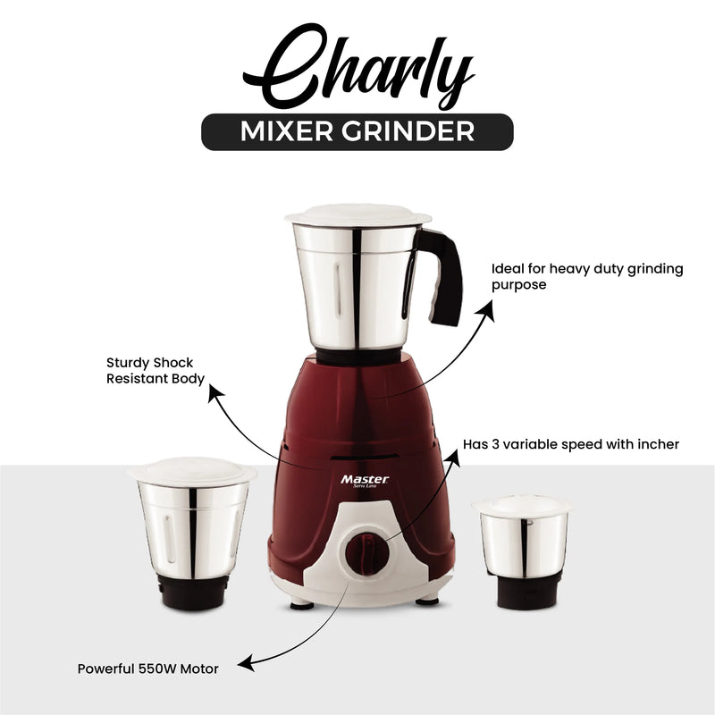 Master Charly 550W Mixer Grinder with 3 Jars & 3 Speed Modes