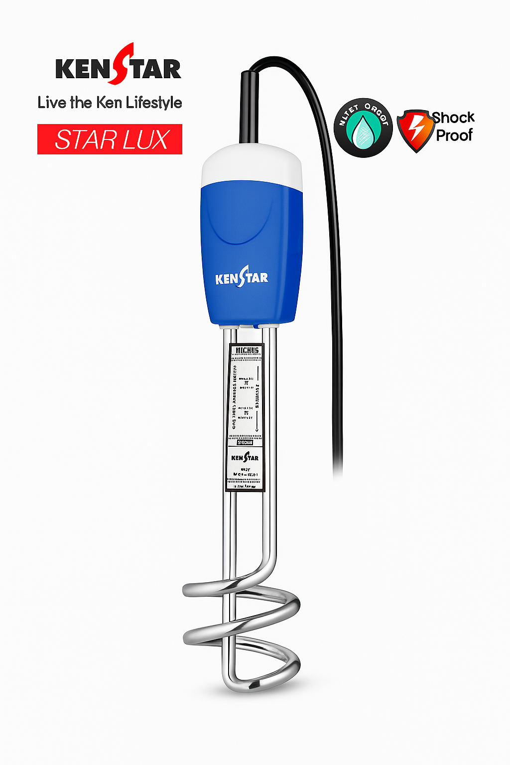 Kenstar Star Lux 1500W Immersion Water Heater Rod (Blue & Steel Finish, Shock Proof, Water Proof, ISI Certified)