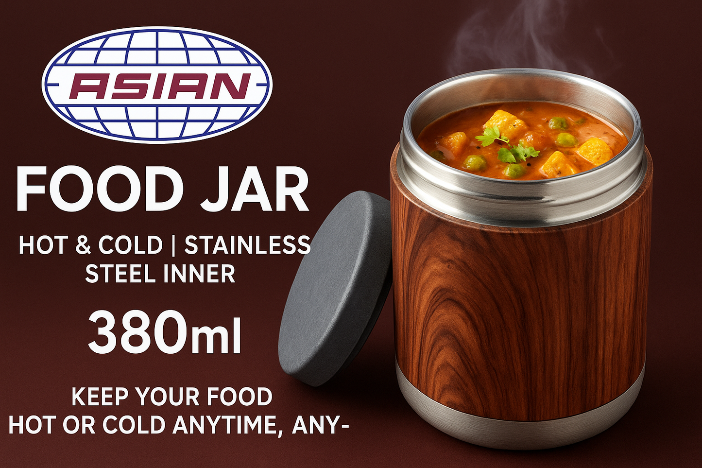 Asian Food Jar 380ml | Insulated Stainless Steel Inner | Hot & Cold Thermal Flask for Soup, Sambar, Smoothie | Leak-Proof Lunch Jar for School, Office & Travel (Wood/Marble Design)