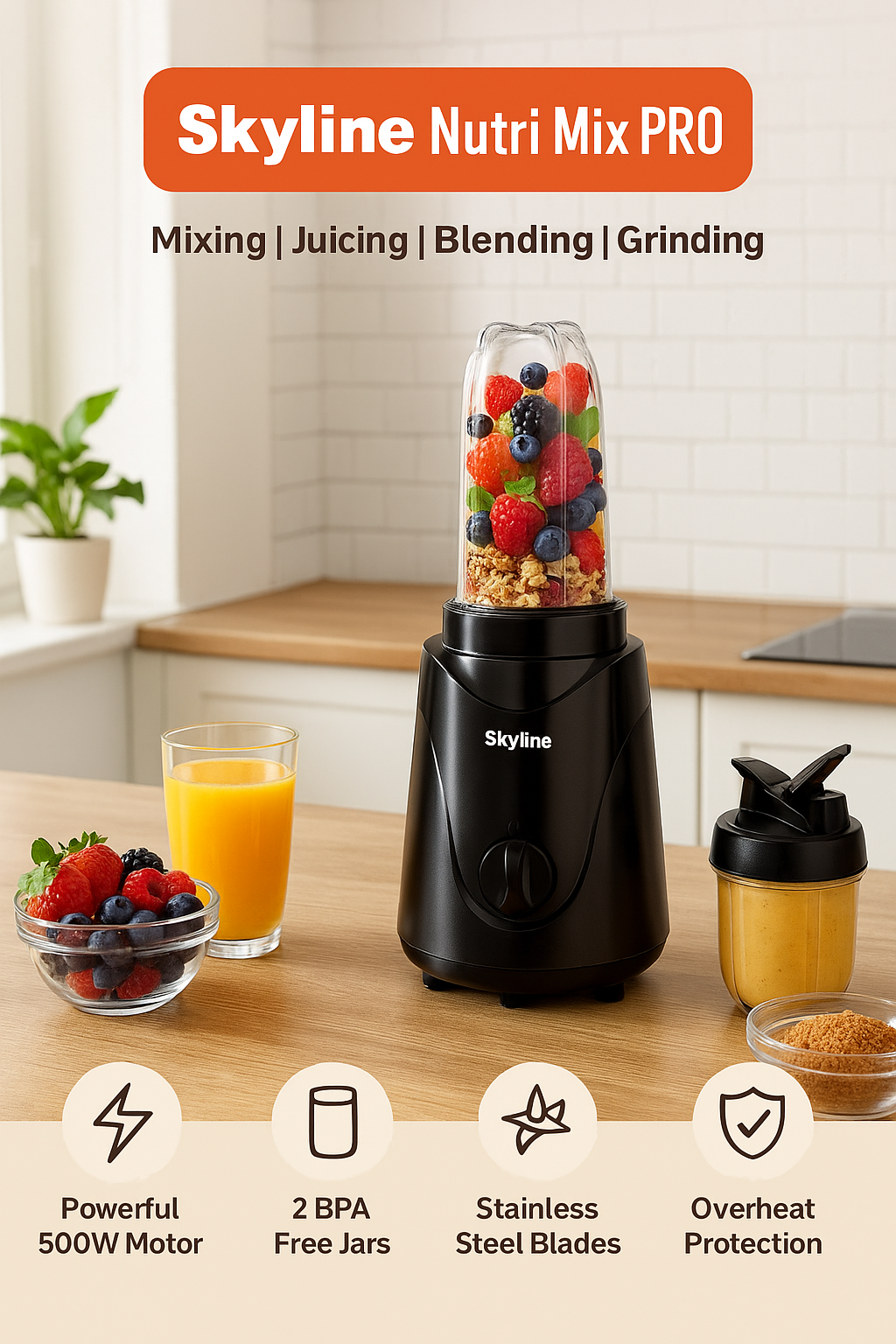 Skyline Nutri Mix PRO (VTL-4455) – 500W Powerful Mixer Grinder, Juicer, Blender – 2 BPA-Free Jars, Stainless Steel Blades, Overheat Protection – 12 Months Warranty – Made in India
