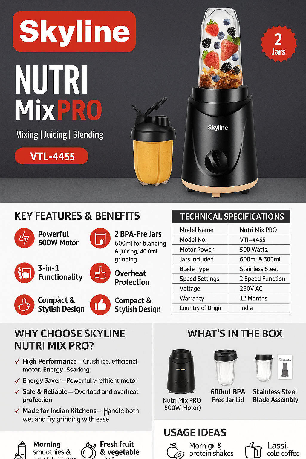 Skyline Nutri Mix PRO (VTL-4455) – 500W Powerful Mixer Grinder, Juicer, Blender – 2 BPA-Free Jars, Stainless Steel Blades, Overheat Protection – 12 Months Warranty – Made in India