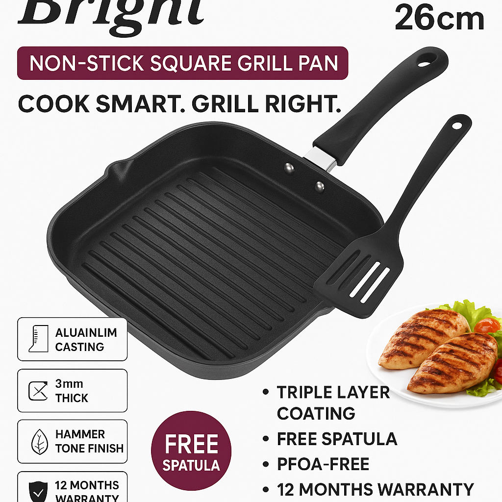 Bright Non-Stick Square Grill Pan – 26cm | 3mm Thick Aluminum Grill Pan with Triple Layer Coating | Free Spatula | ISO Certified | PFOA Free