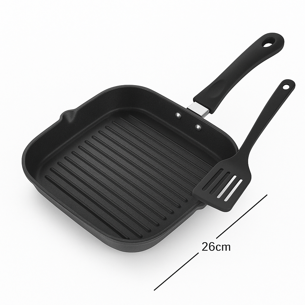 Bright Non-Stick Square Grill Pan – 26cm | 3mm Thick Aluminum Grill Pan with Triple Layer Coating | Free Spatula | ISO Certified | PFOA Free