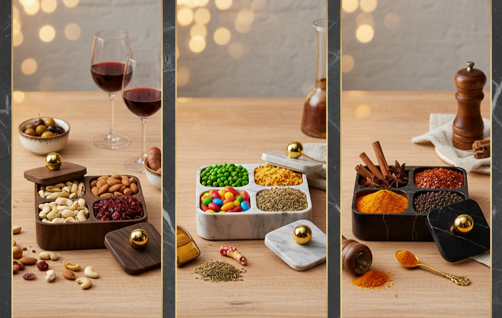 Three panels showing a wooden table with snacks, wine glasses, and spices.