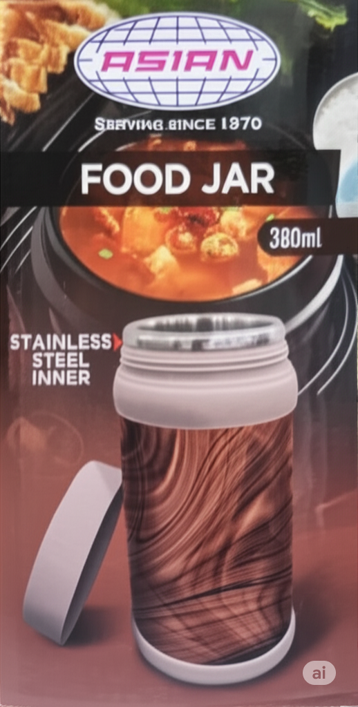 Asian Food Jar 380ml | Insulated Stainless Steel Inner | Hot & Cold Thermal Flask for Soup, Sambar, Smoothie | Leak-Proof Lunch Jar for School, Office & Travel (Wood/Marble Design)