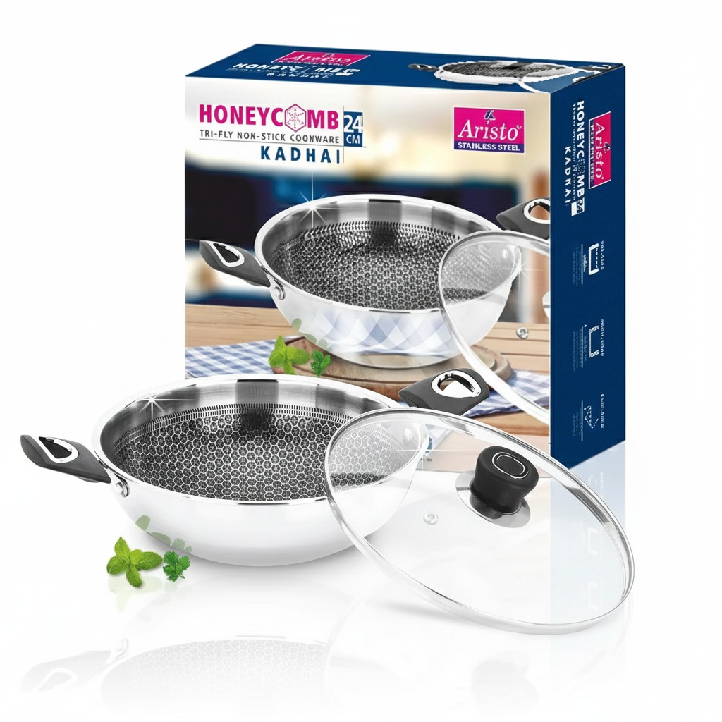 Aristo Honeycomb 26 CM Tri-Ply Stainless Steel Kadhai with Glass Lid - Induction Friendly